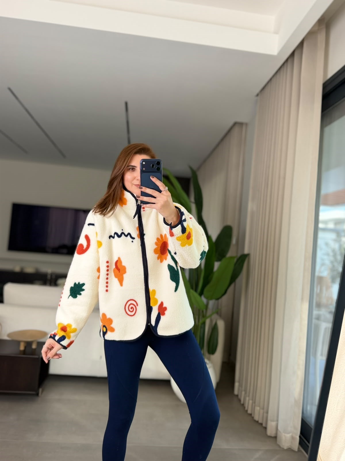 Retro Çiçek Desenli Polar Ceket