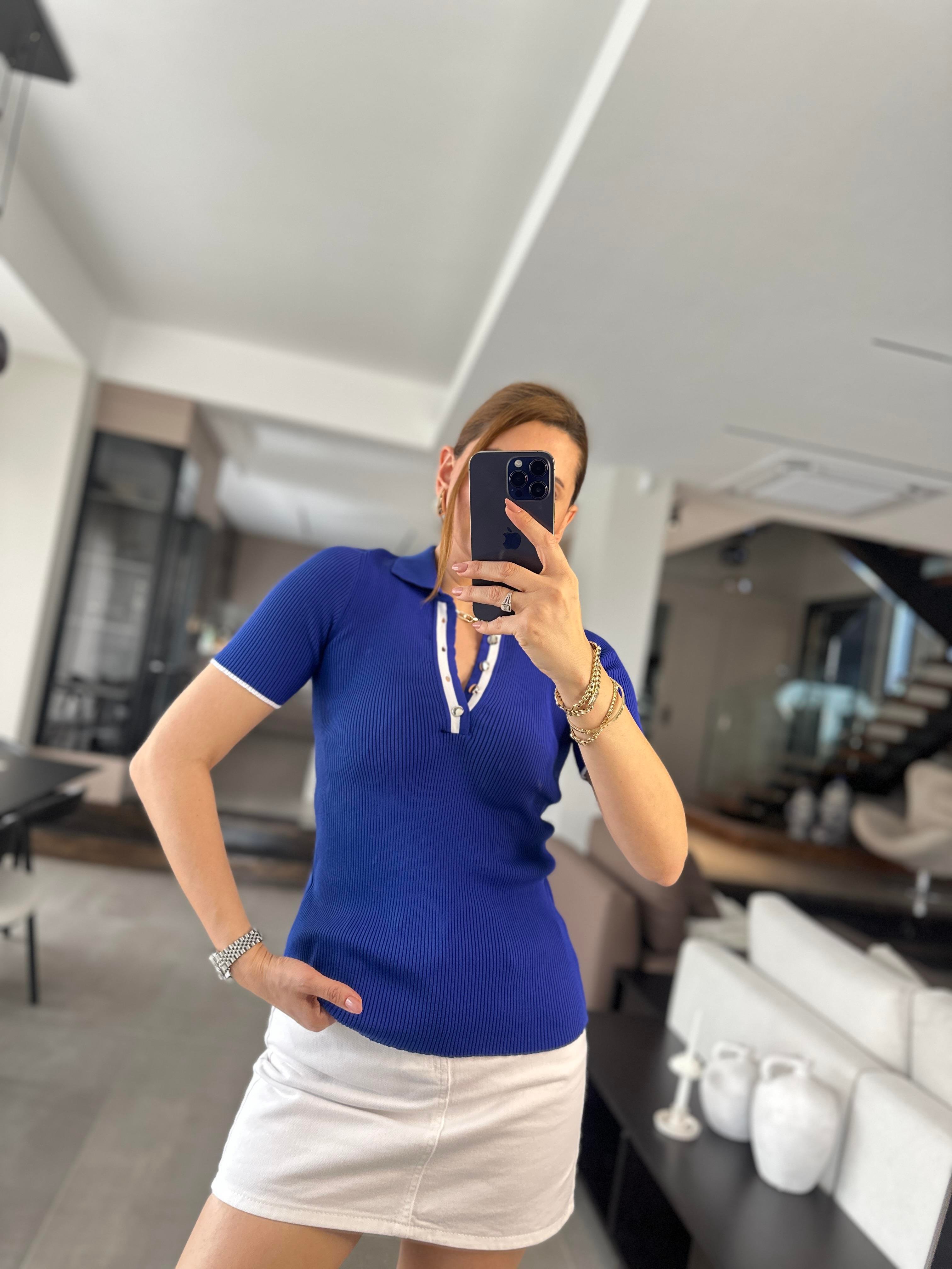 Saks Mavi Polo Yaka Fitilli Bluz
