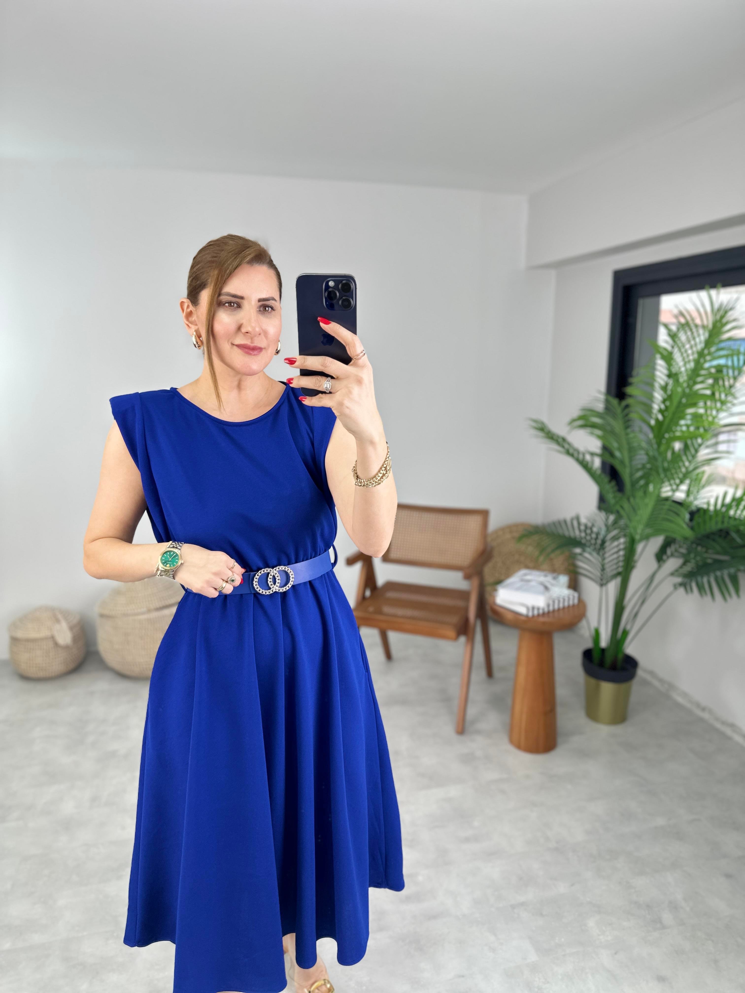 Saks Mavi Vatkalı Kemerli Elbise