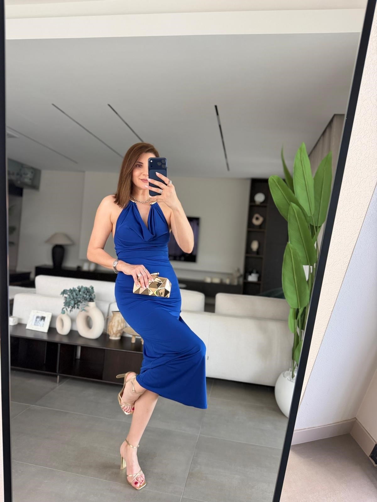 Saksmavi Boyun Aksesuar Sandy Elbise