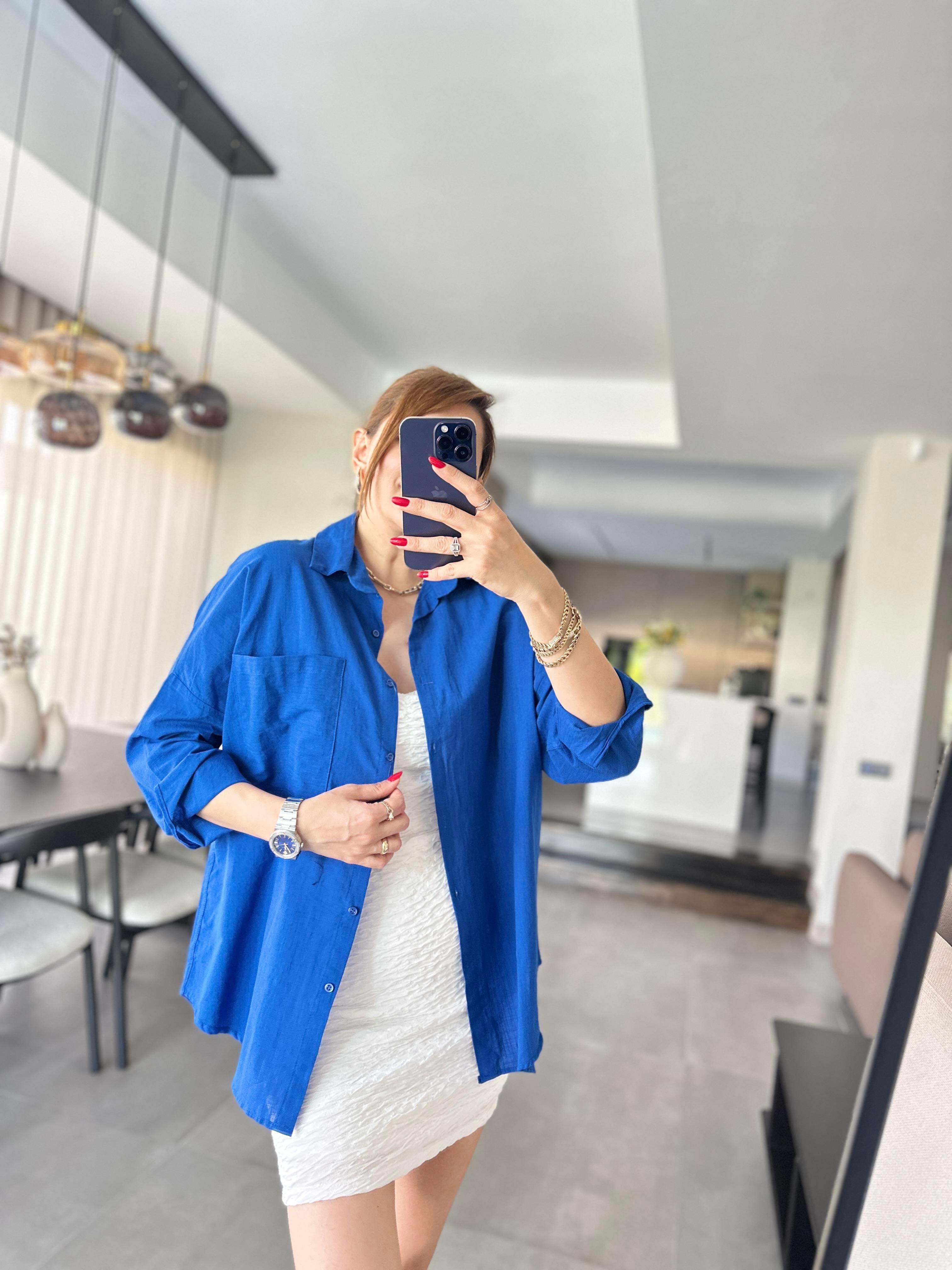 Saksmavi Cep Detaylı Oversize Gömlek
