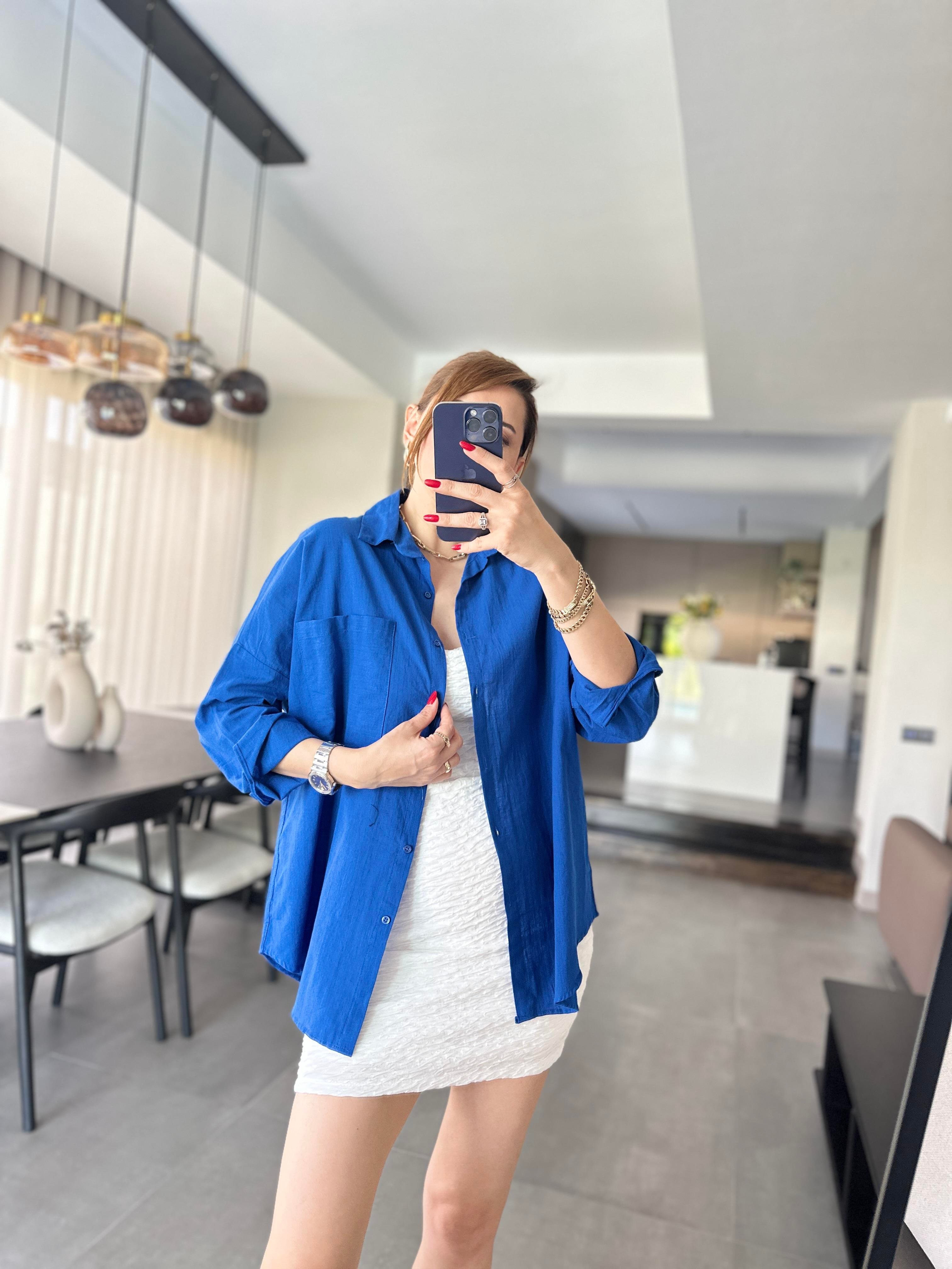 Saksmavi Cep Detaylı Oversize Gömlek