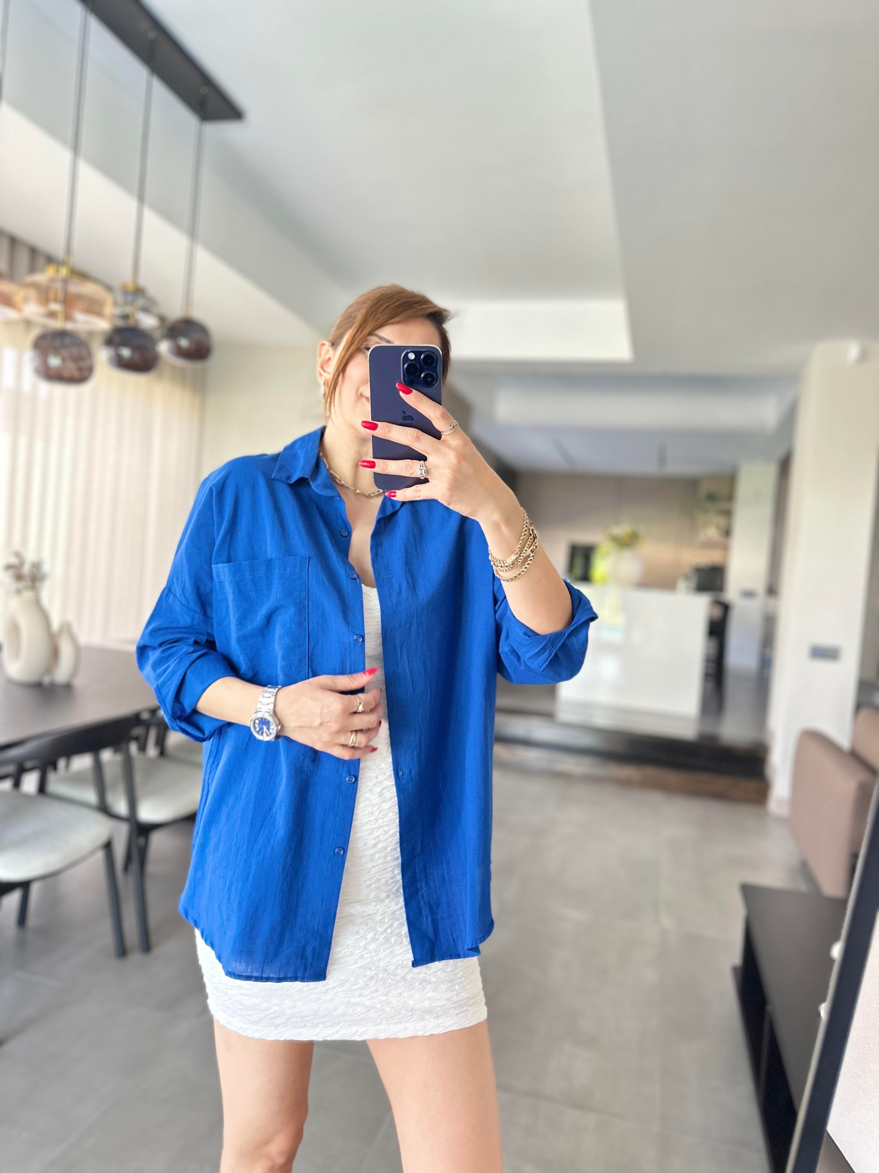 Saksmavi Cep Detaylı Oversize Gömlek