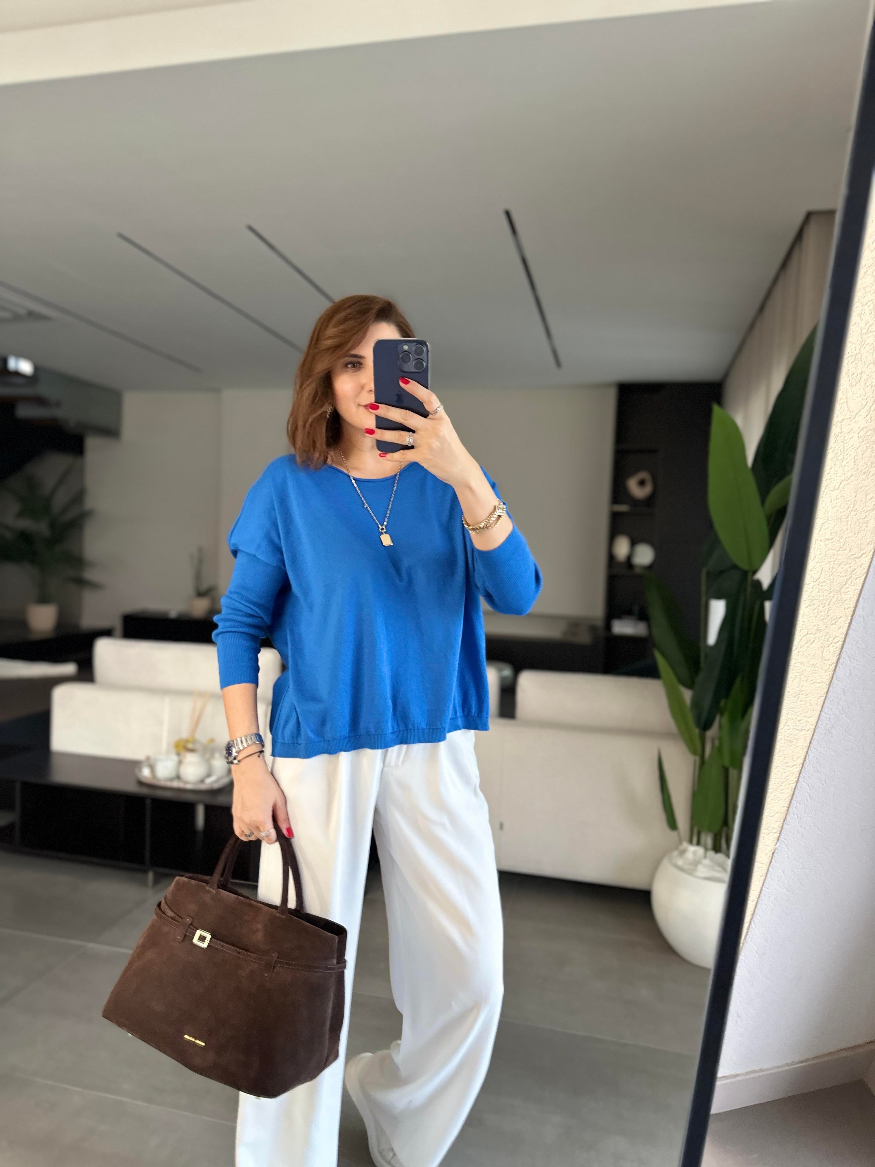 Saksmavi Rozal Kol Lastik Detaylı Bluz