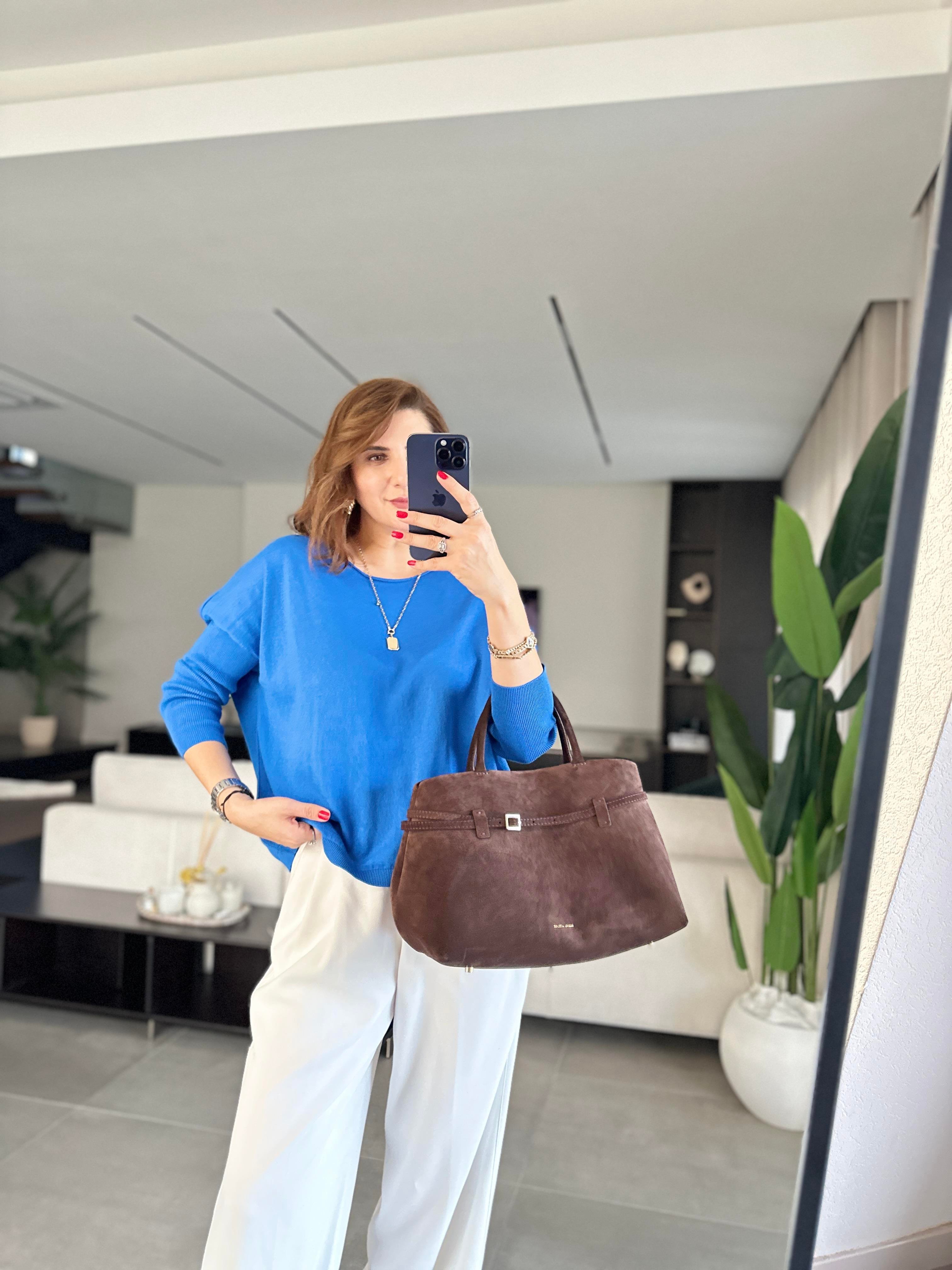 Saksmavi Rozal Kol Lastik Detaylı Bluz