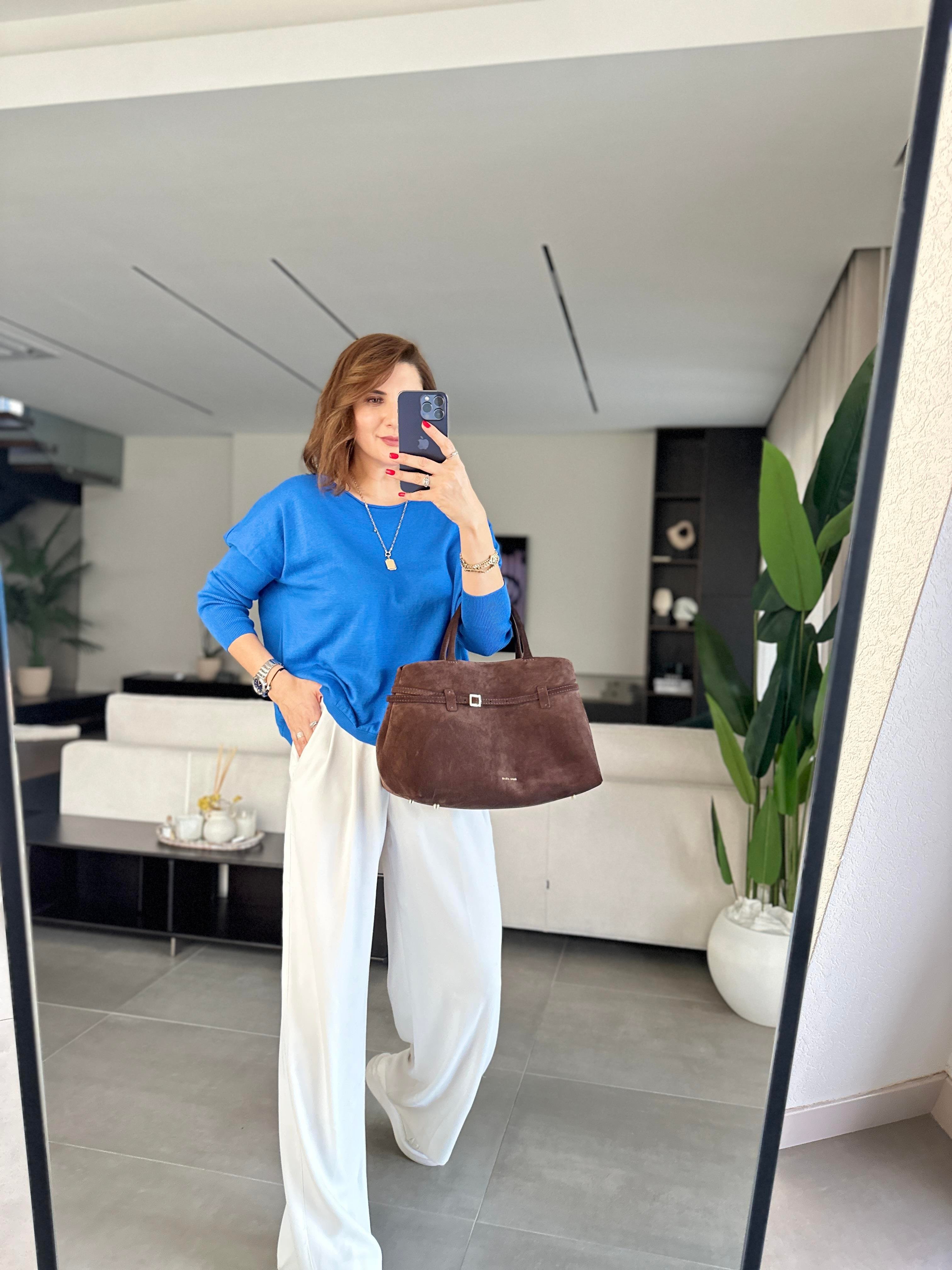 Saksmavi Rozal Kol Lastik Detaylı Bluz