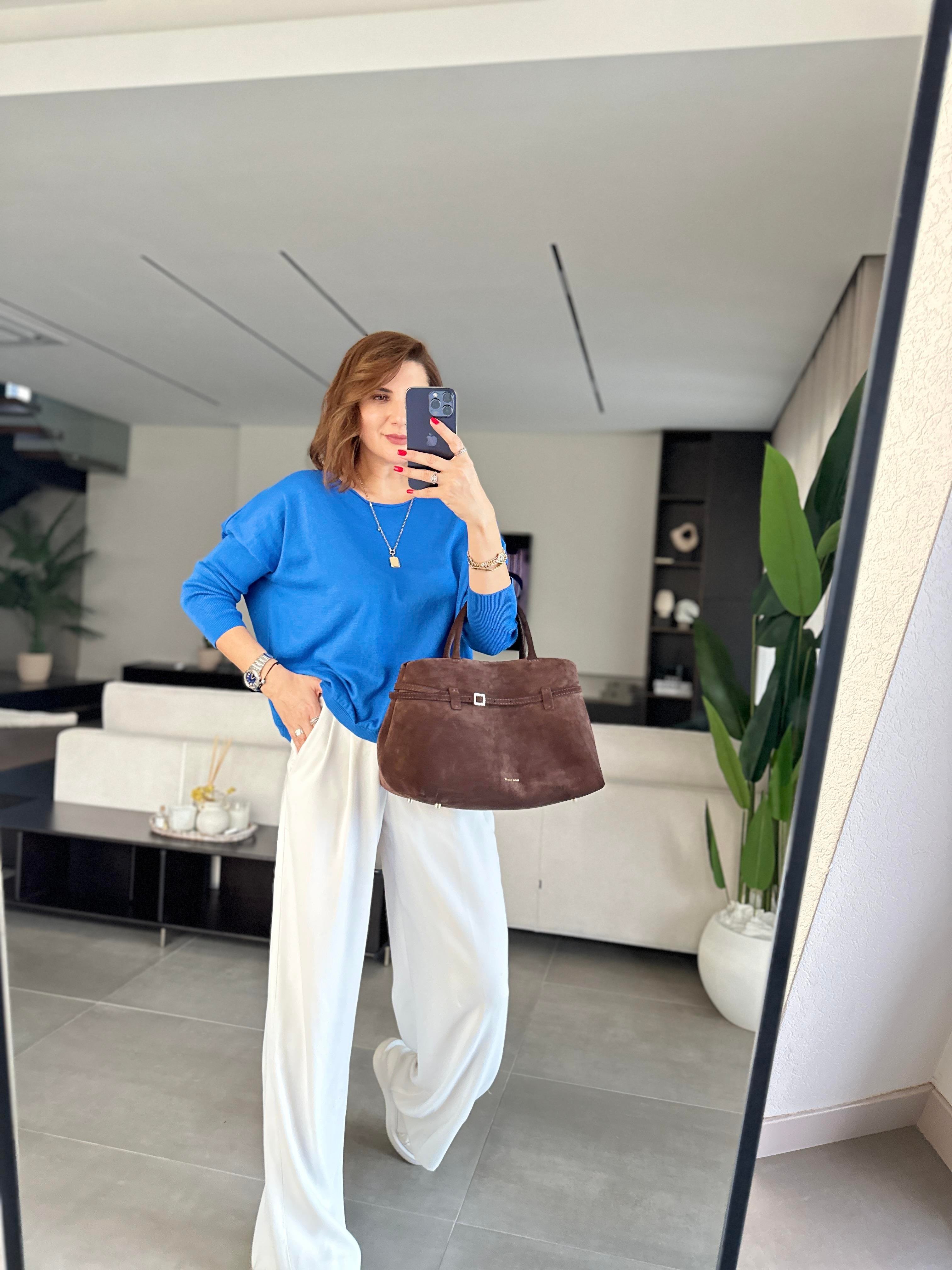 Saksmavi Rozal Kol Lastik Detaylı Bluz