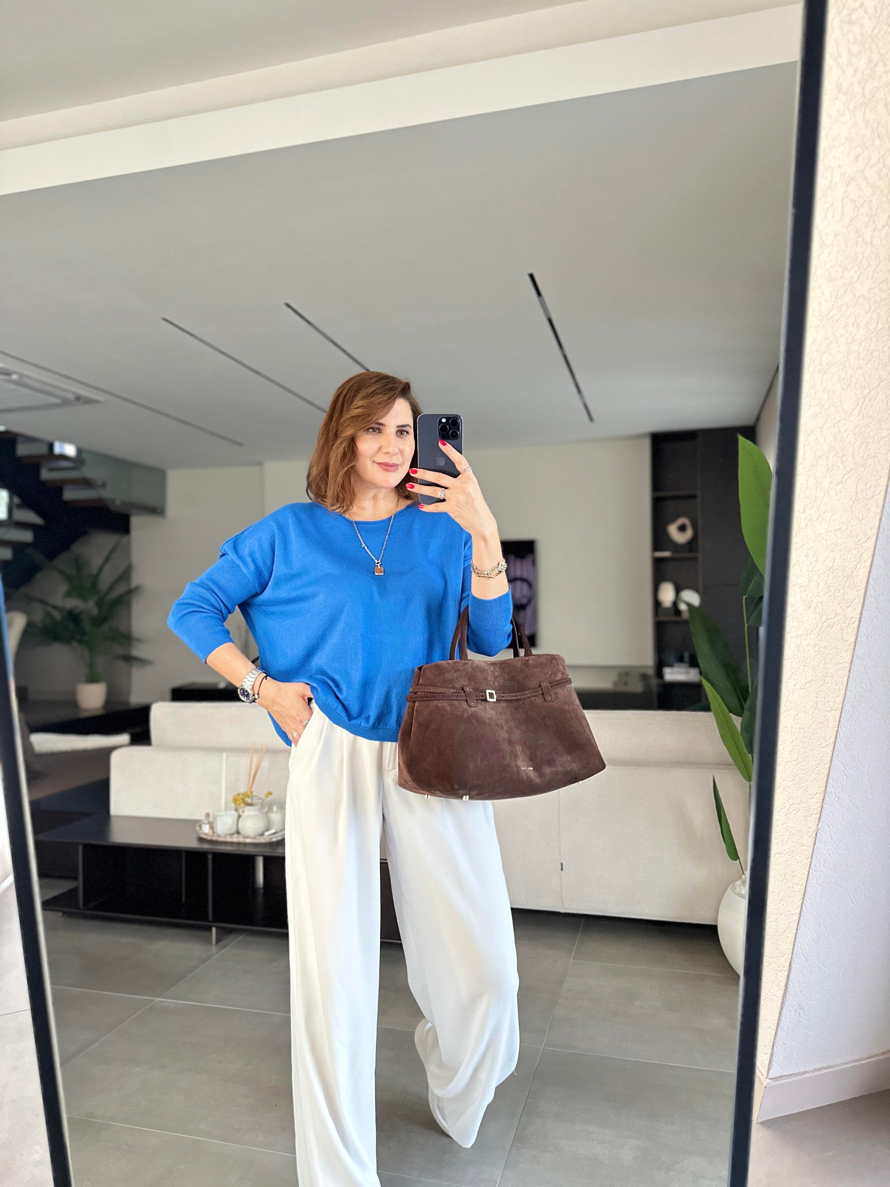Saksmavi Rozal Kol Lastik Detaylı Bluz