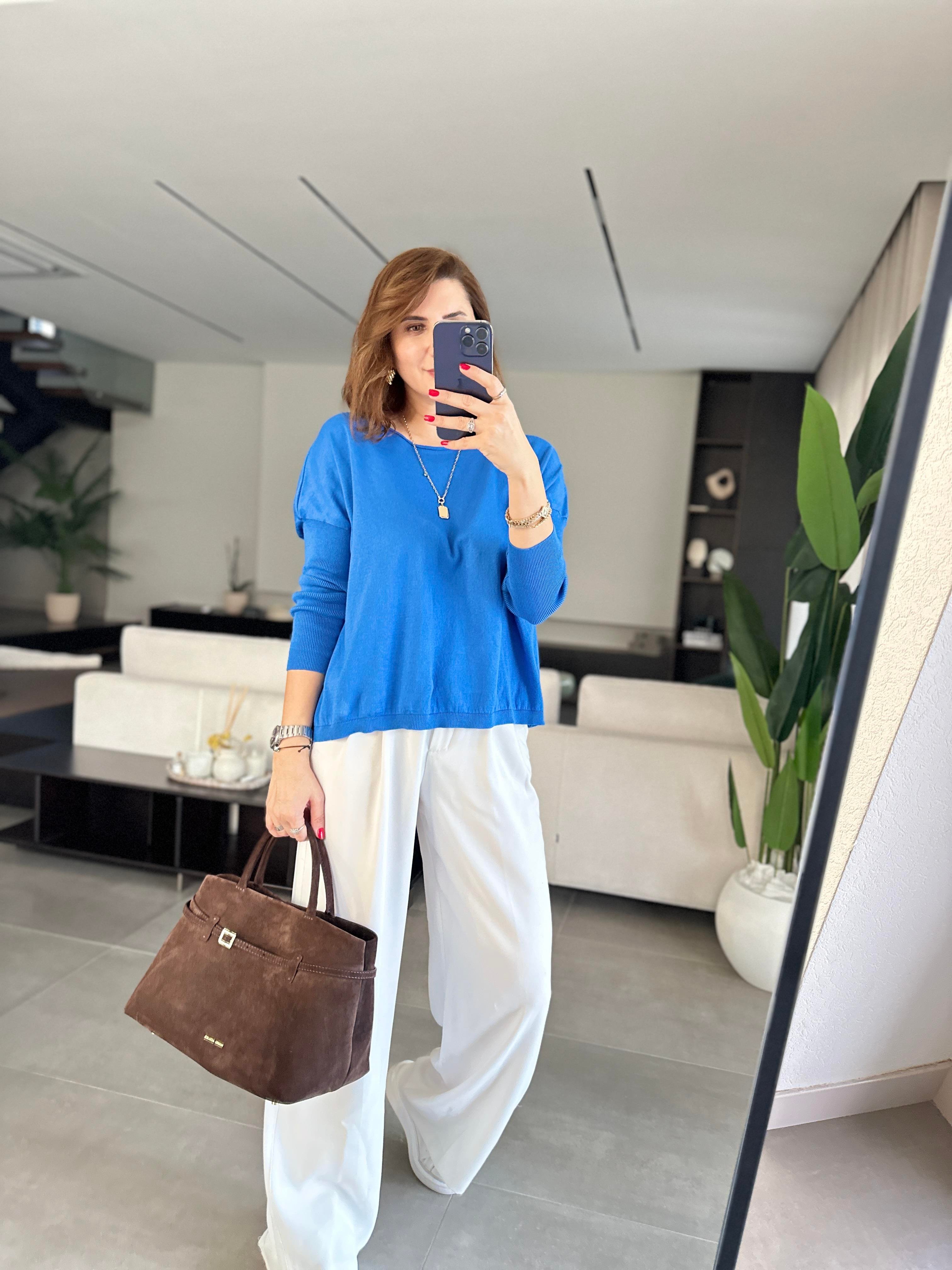 Saksmavi Rozal Kol Lastik Detaylı Bluz
