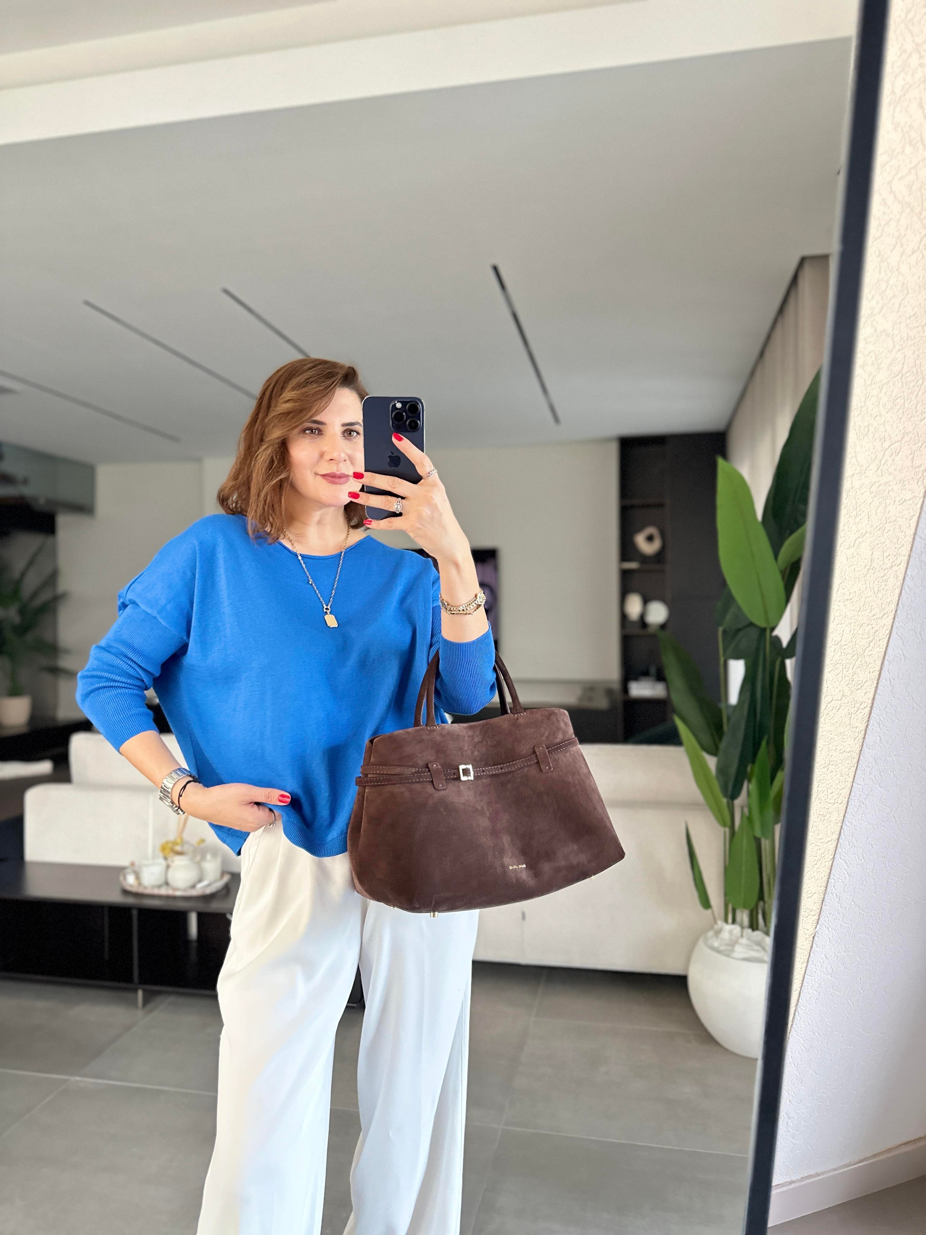Saksmavi Rozal Kol Lastik Detaylı Bluz