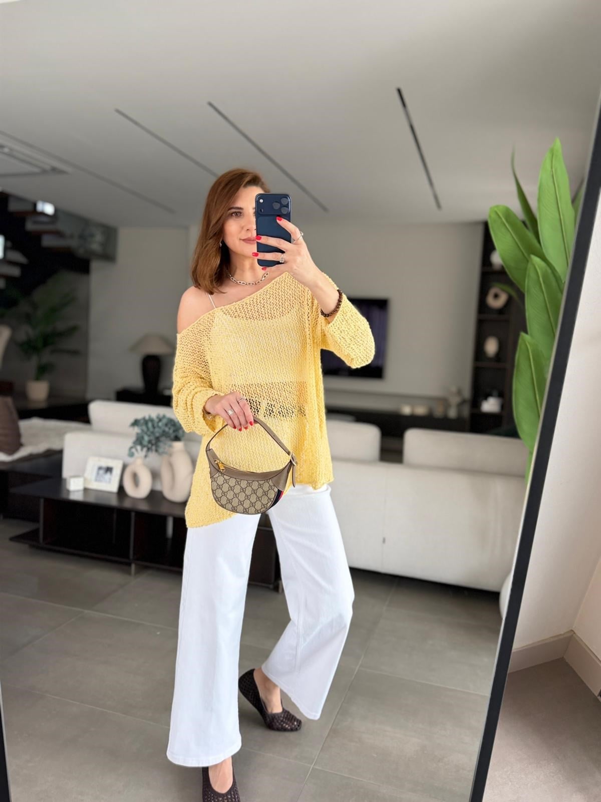 Sarı Ajurlu Parla Bluz