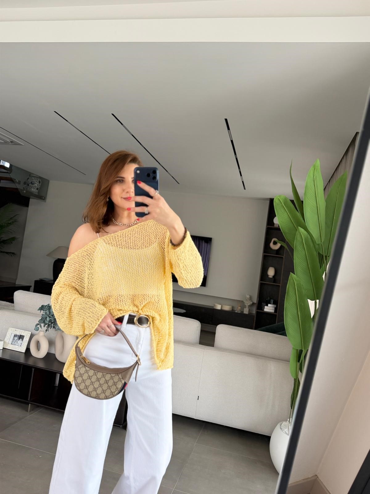 Sarı Ajurlu Parla Bluz