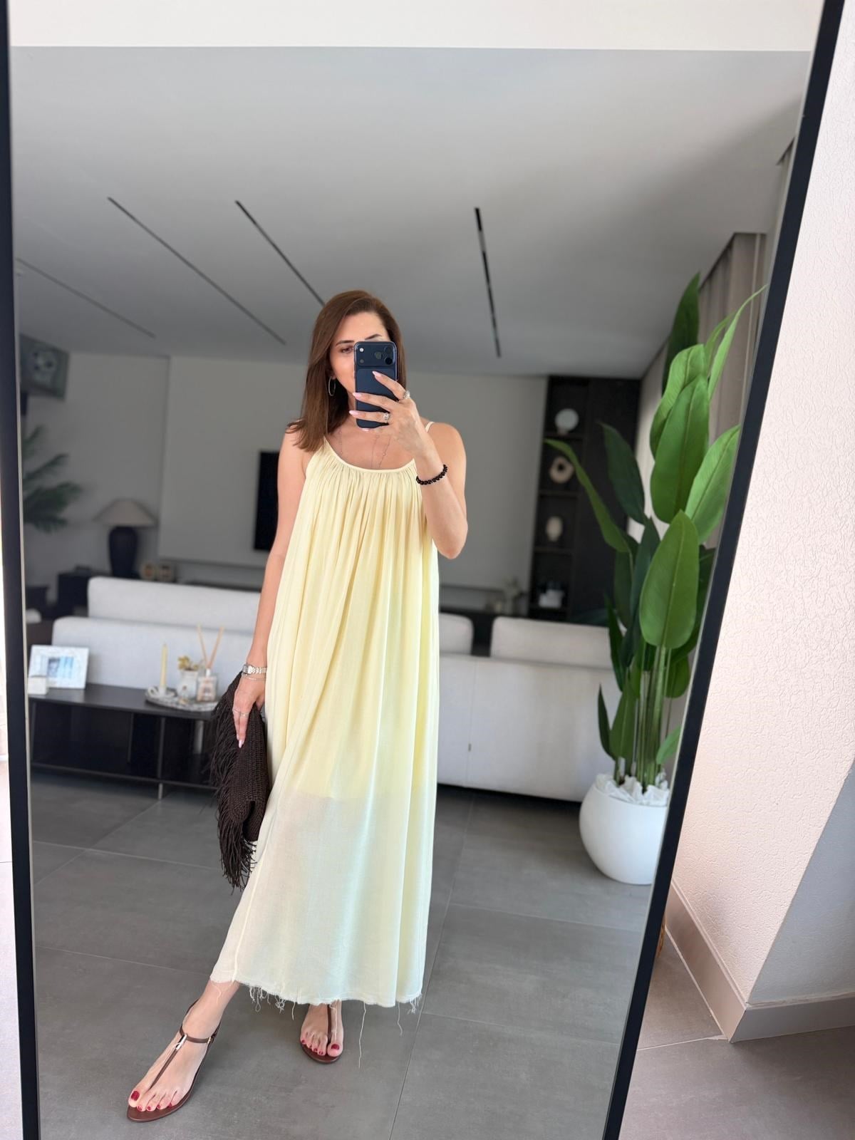 Sarı Askılı Astarlı Peri Elbise