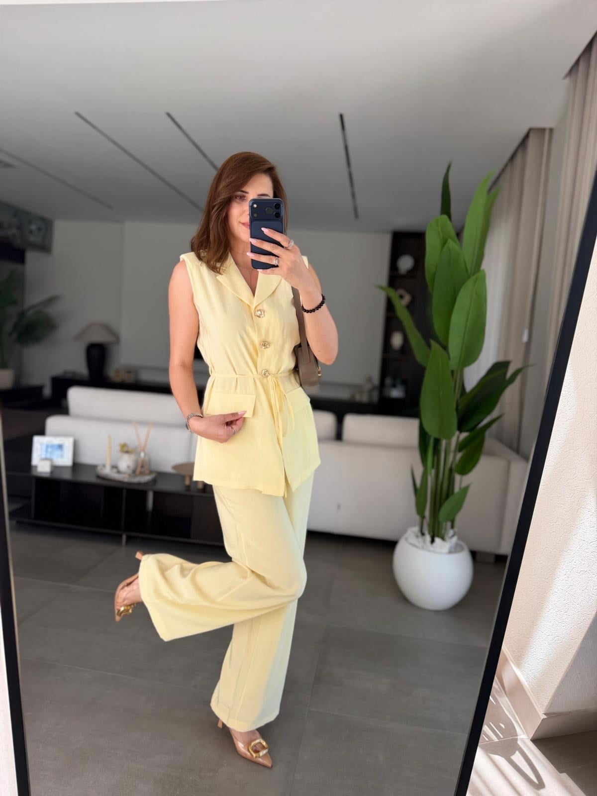 Sarı Cupra Omuz Vatkalı Yelek Pantolon Takım