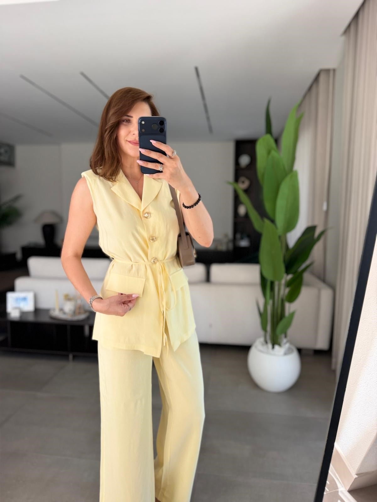 Sarı Cupra Omuz Vatkalı Yelek Pantolon Takım