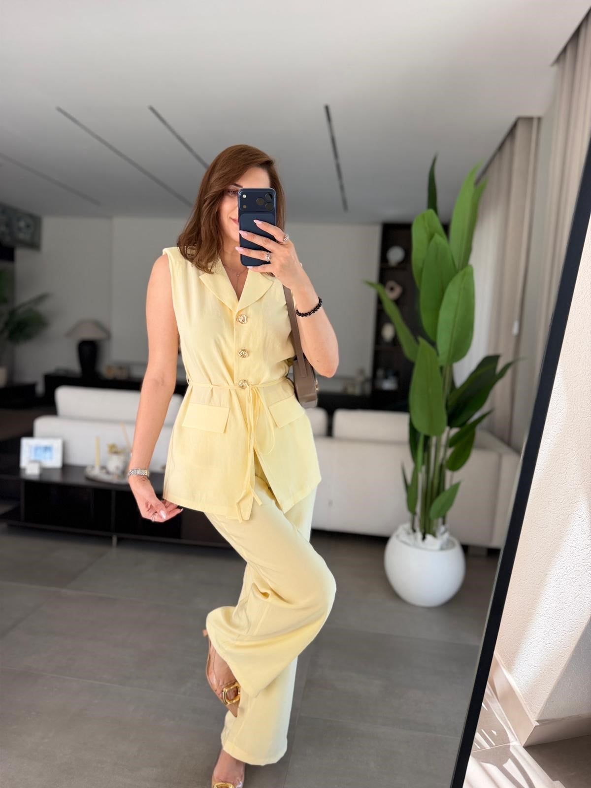 Sarı Cupra Omuz Vatkalı Yelek Pantolon Takım