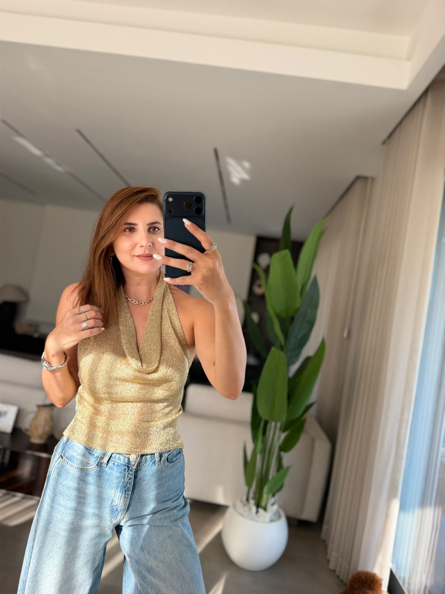 Sarı  Degaje Yaka Simli Bluz