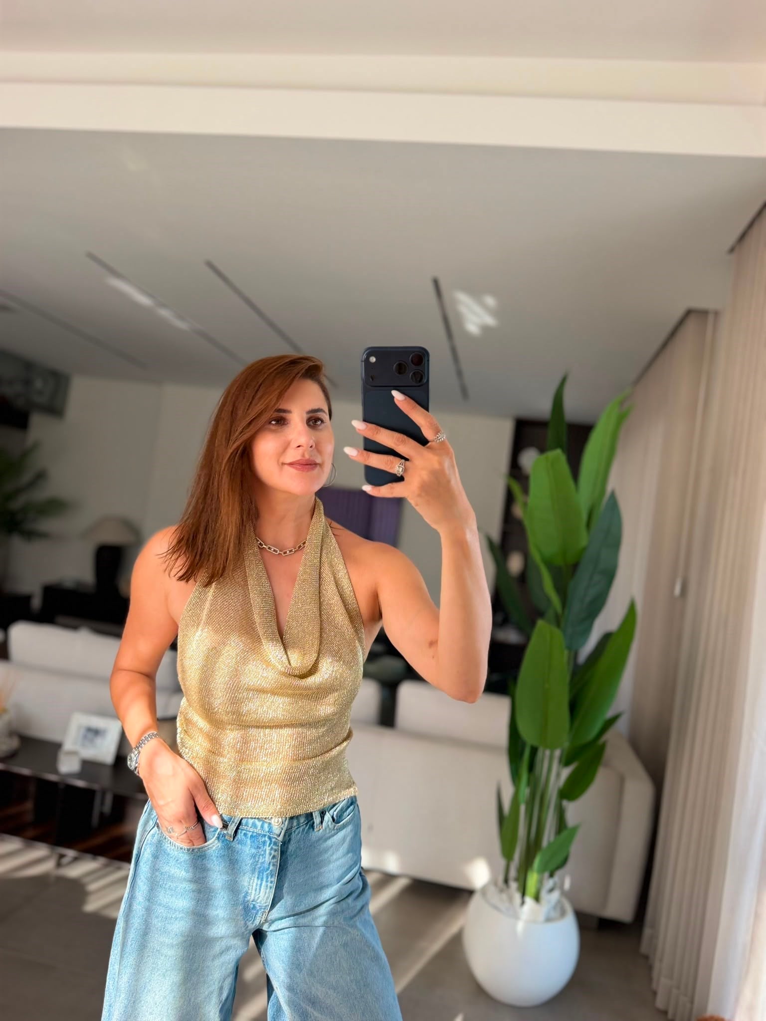 Sarı  Degaje Yaka Simli Bluz