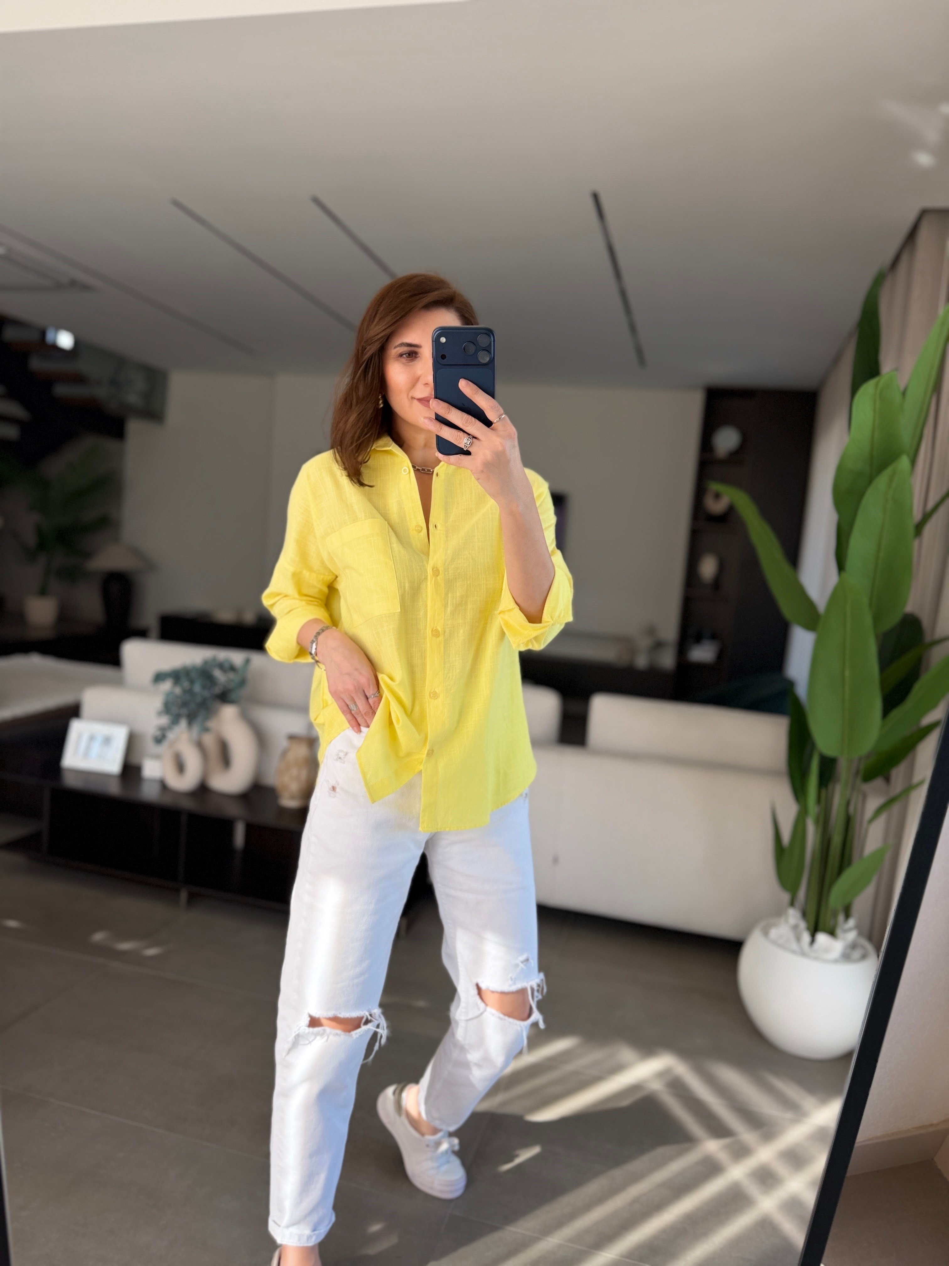 Sarı Keten Tek Cep Oversize Gömlek