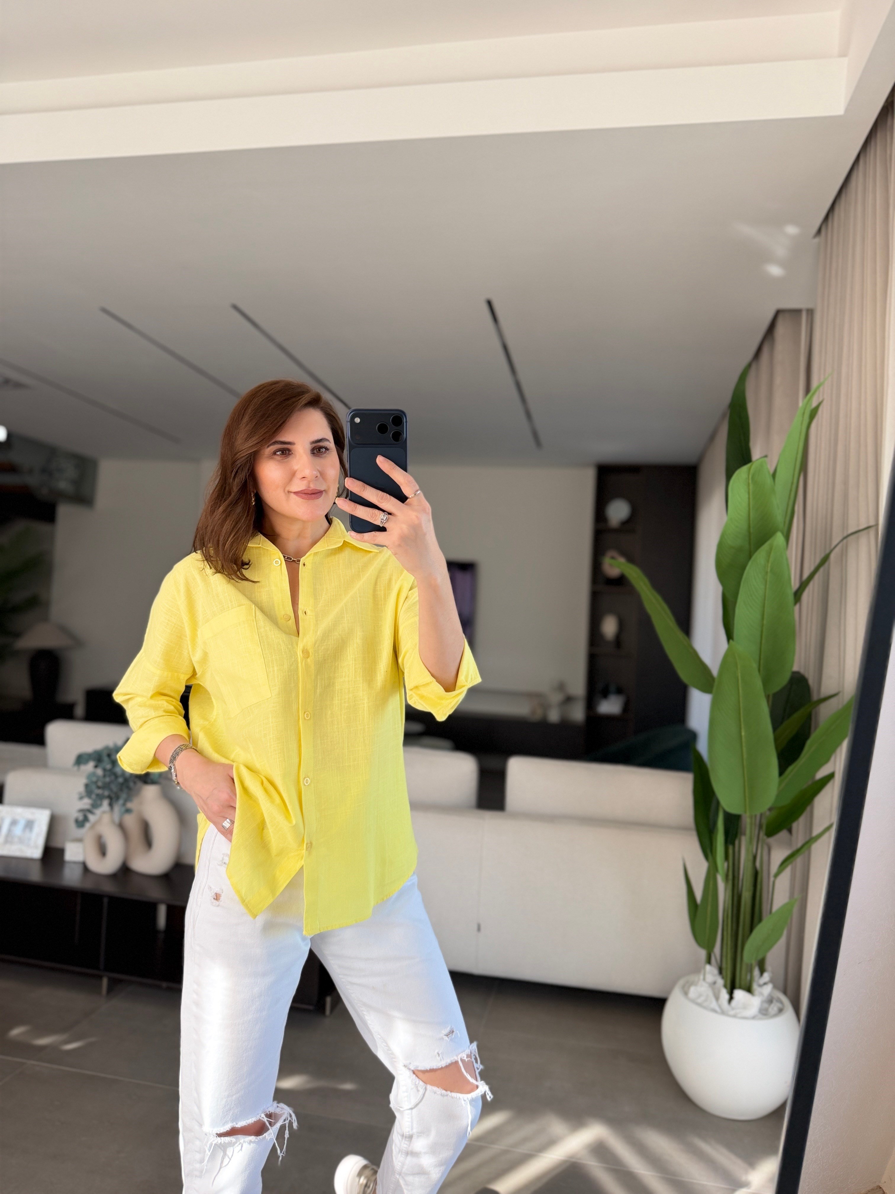 Sarı Keten Tek Cep Oversize Gömlek