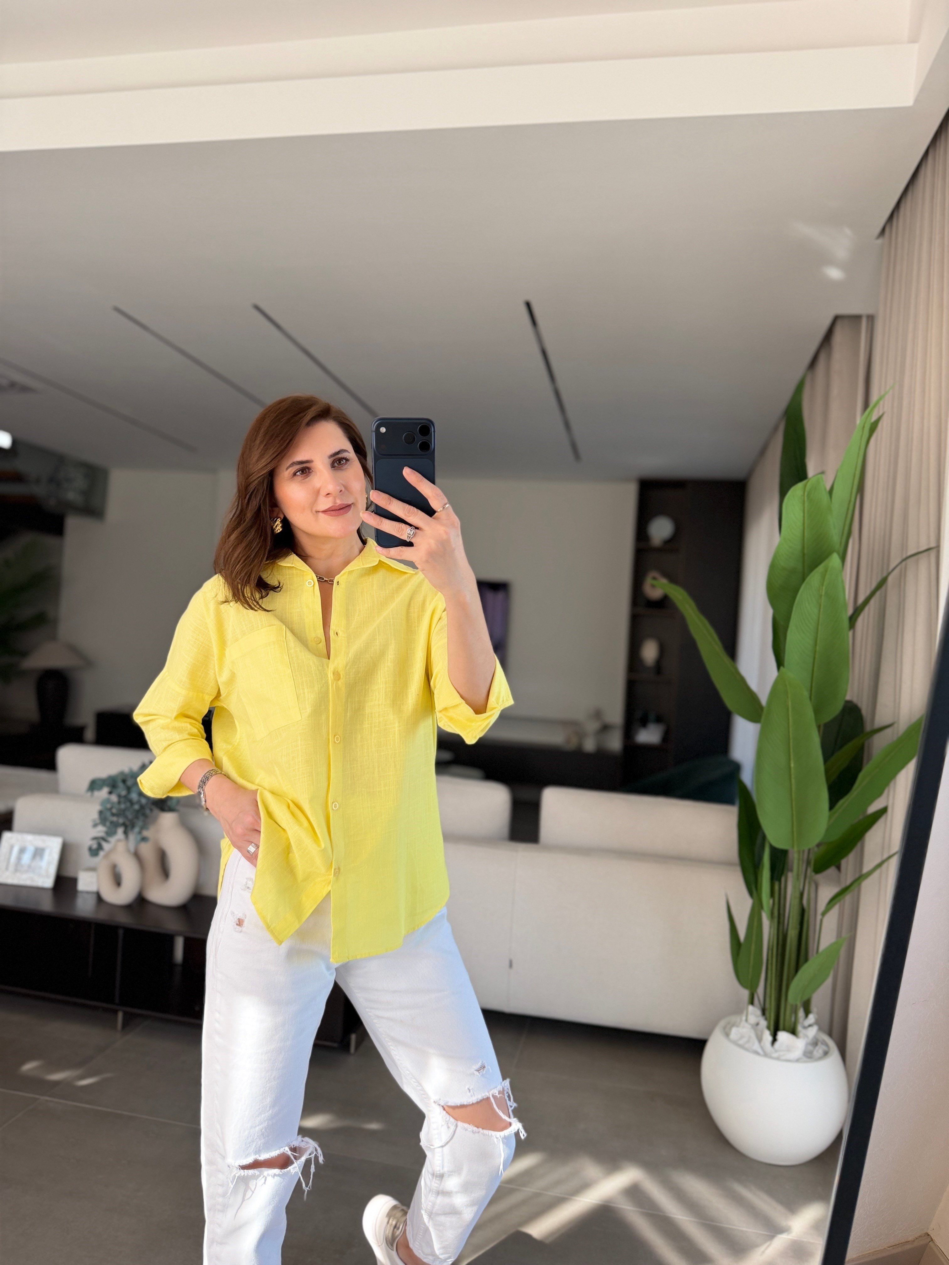 Sarı Keten Tek Cep Oversize Gömlek