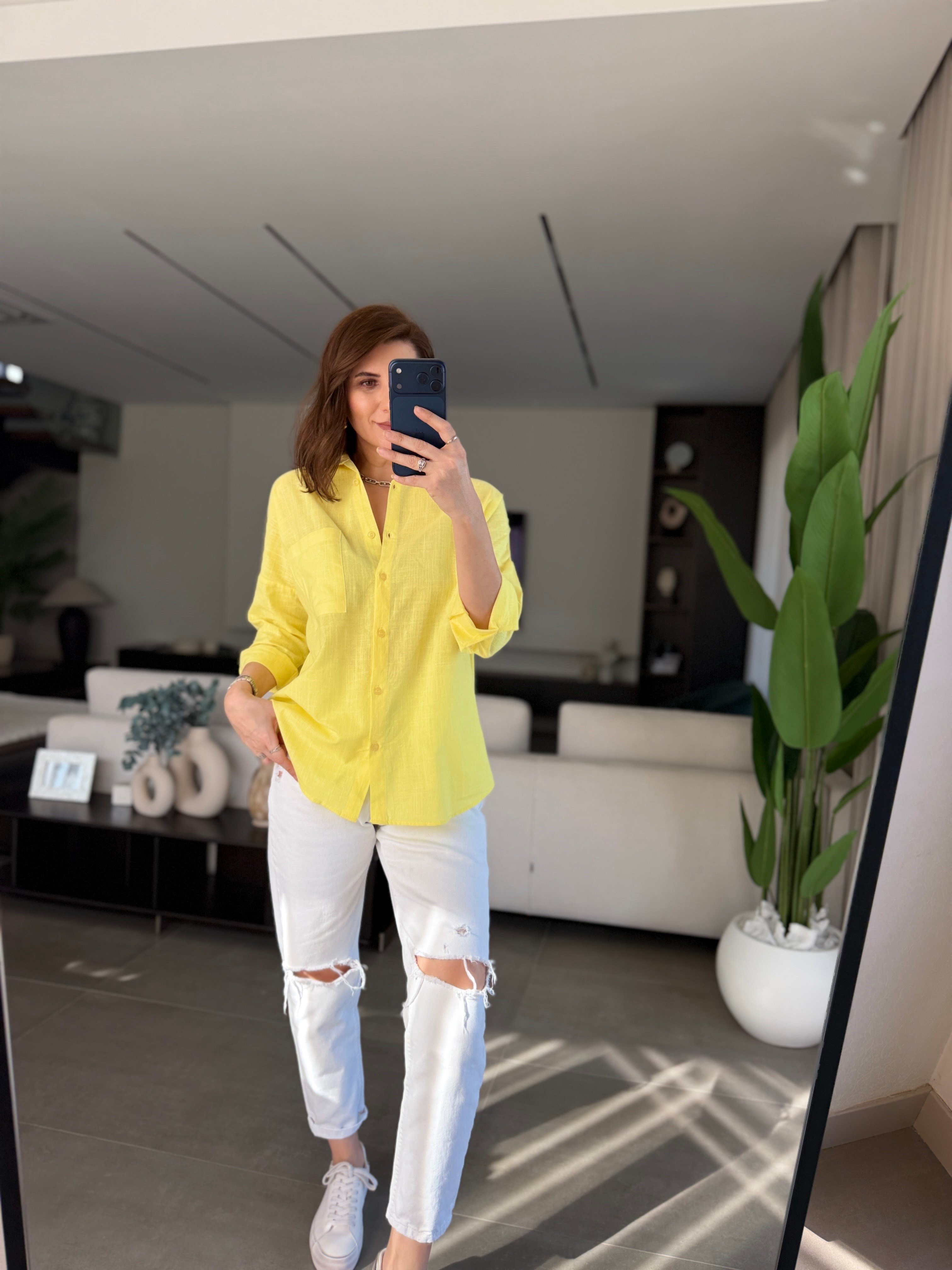 Sarı Keten Tek Cep Oversize Gömlek