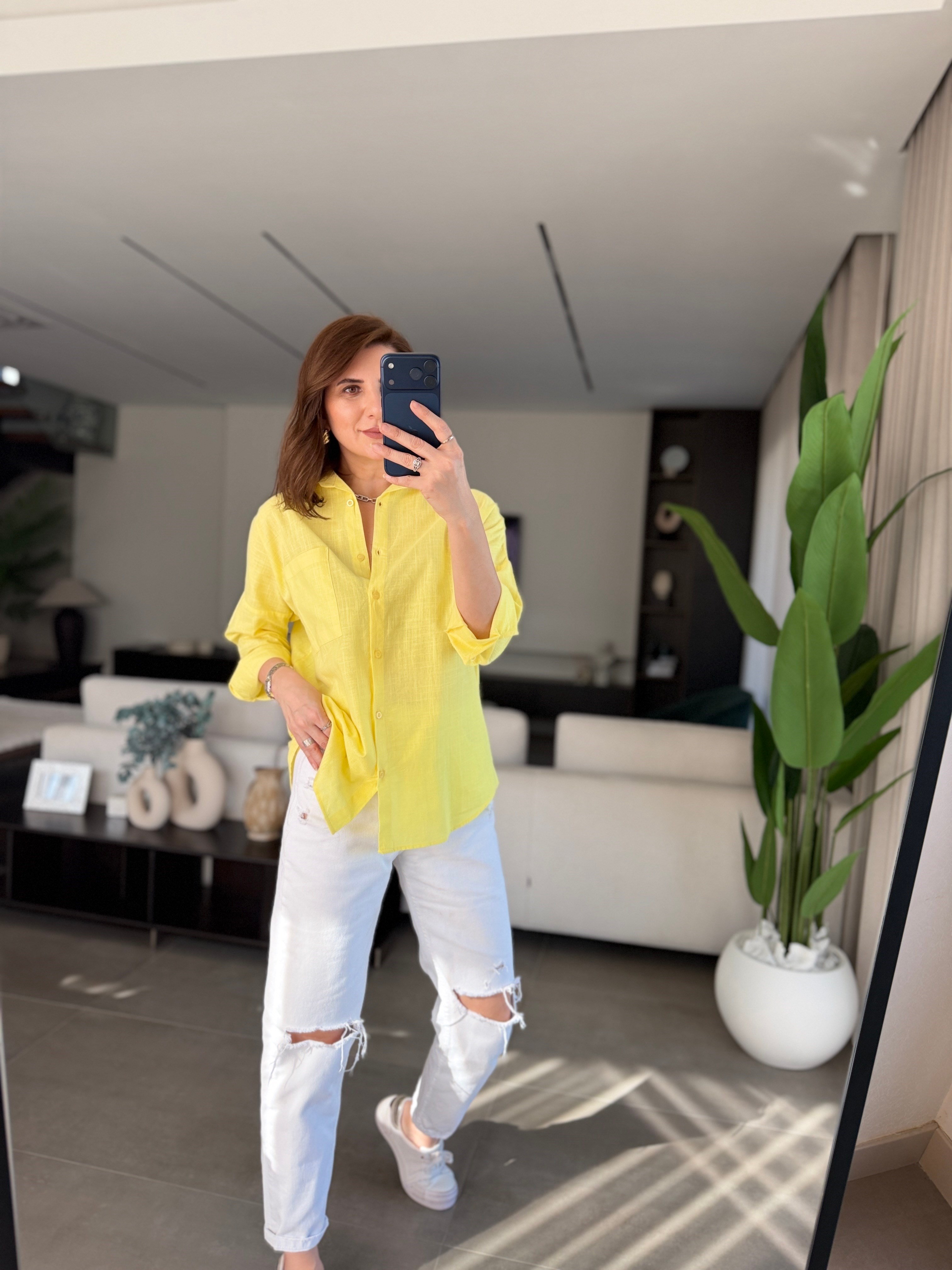 Sarı Keten Tek Cep Oversize Gömlek