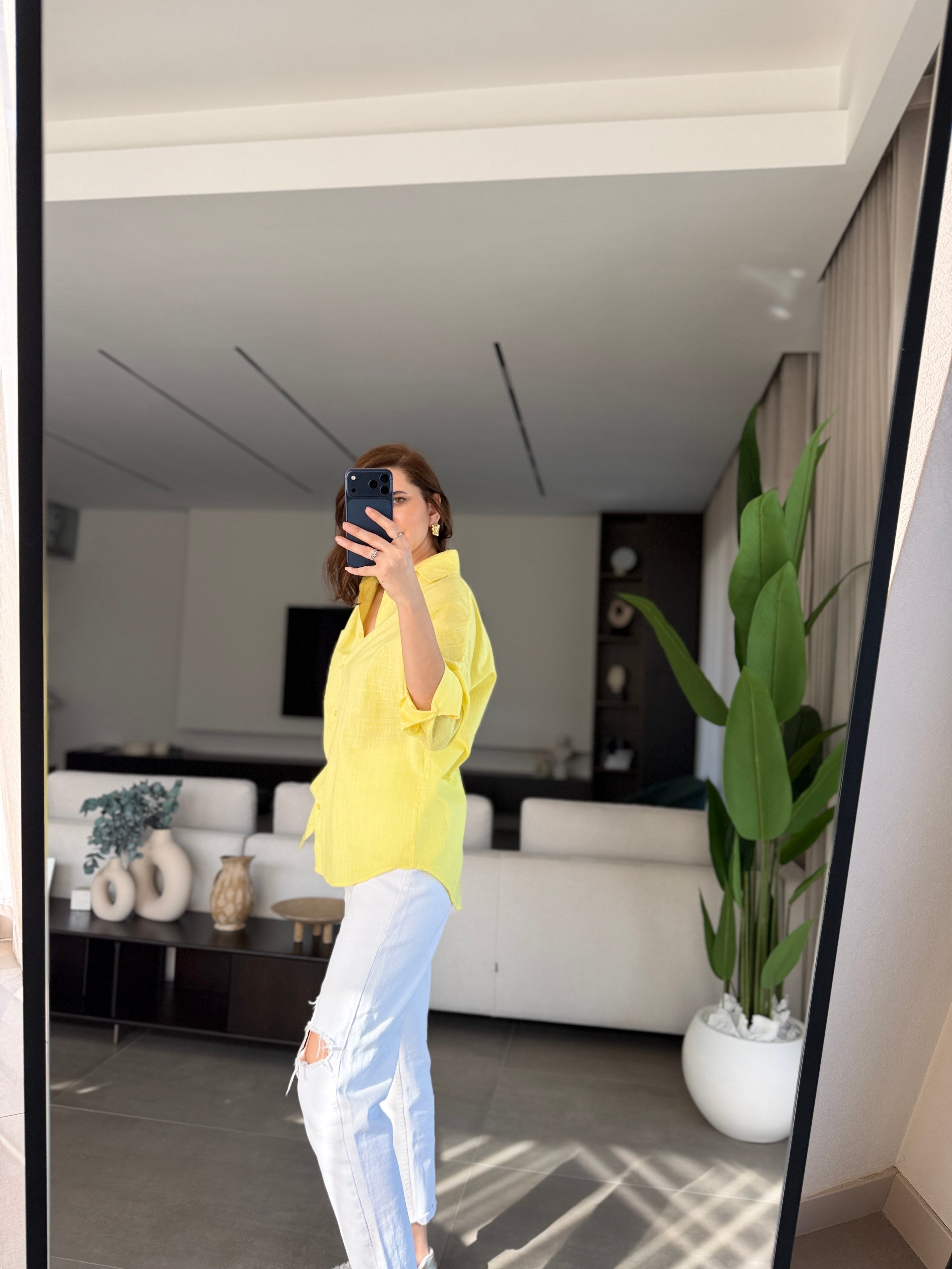 Sarı Keten Tek Cep Oversize Gömlek