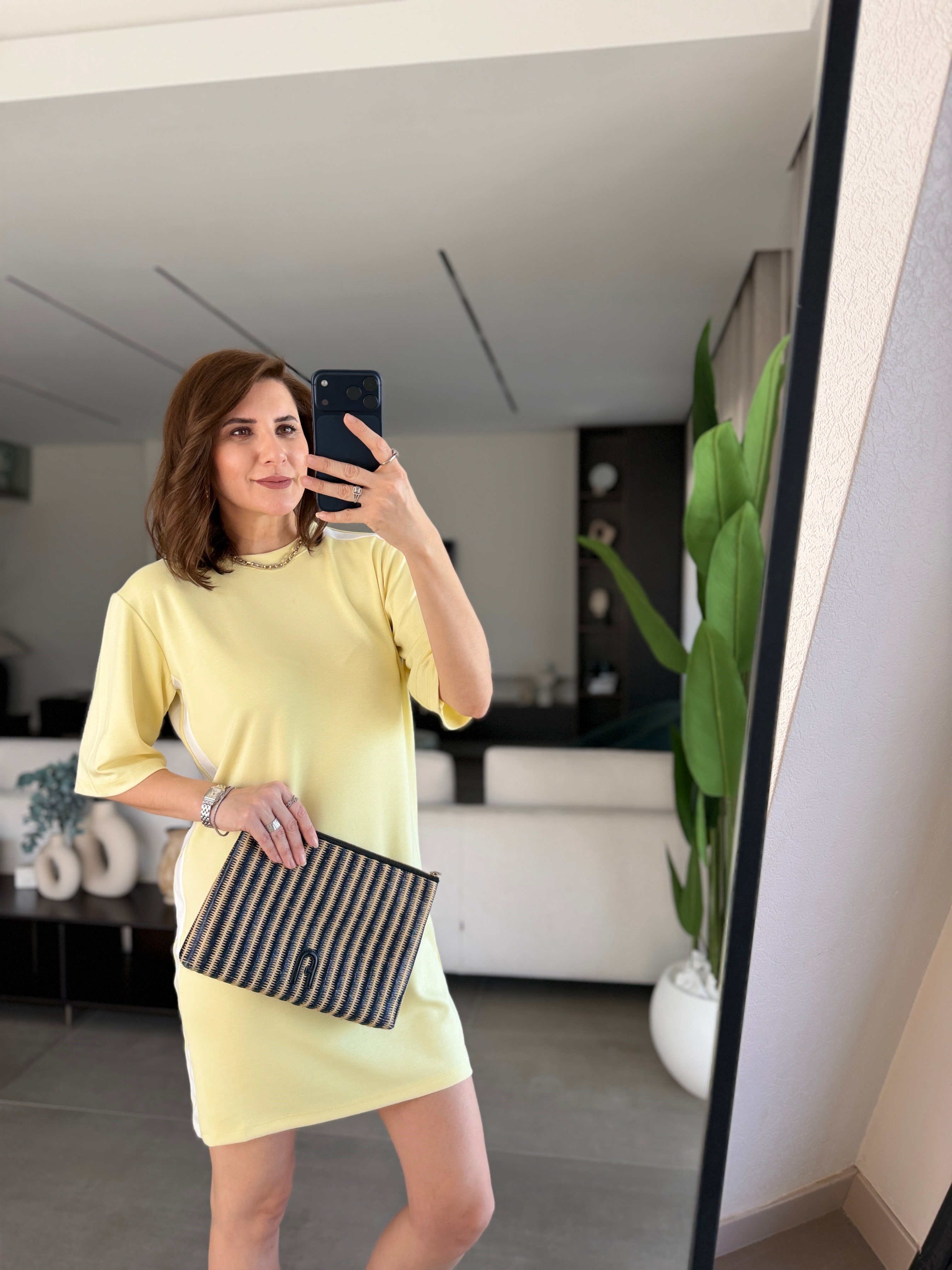 Sarı Modal Şeritli Midi Boy Elbise