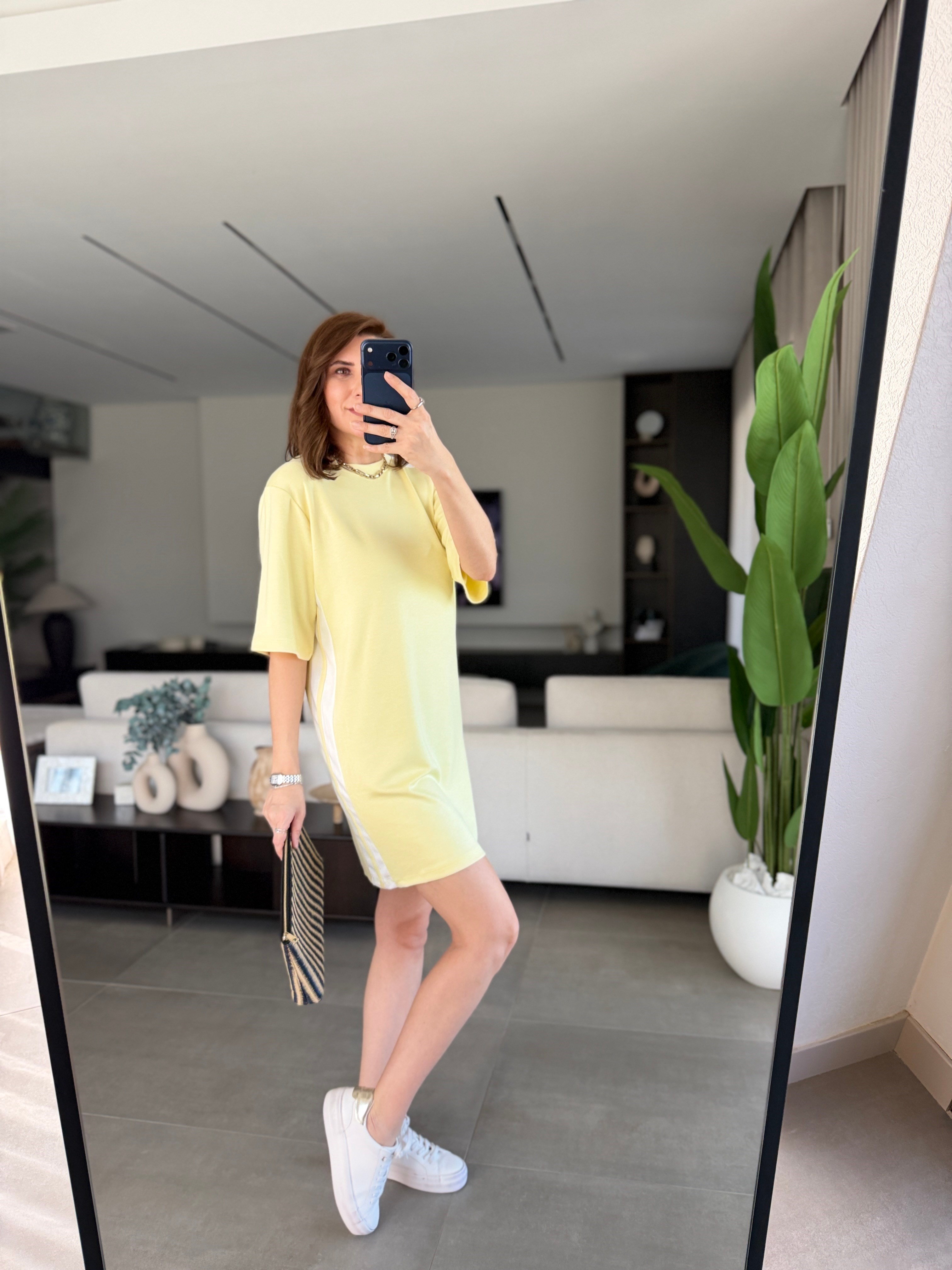 Sarı Modal Şeritli Midi Boy Elbise