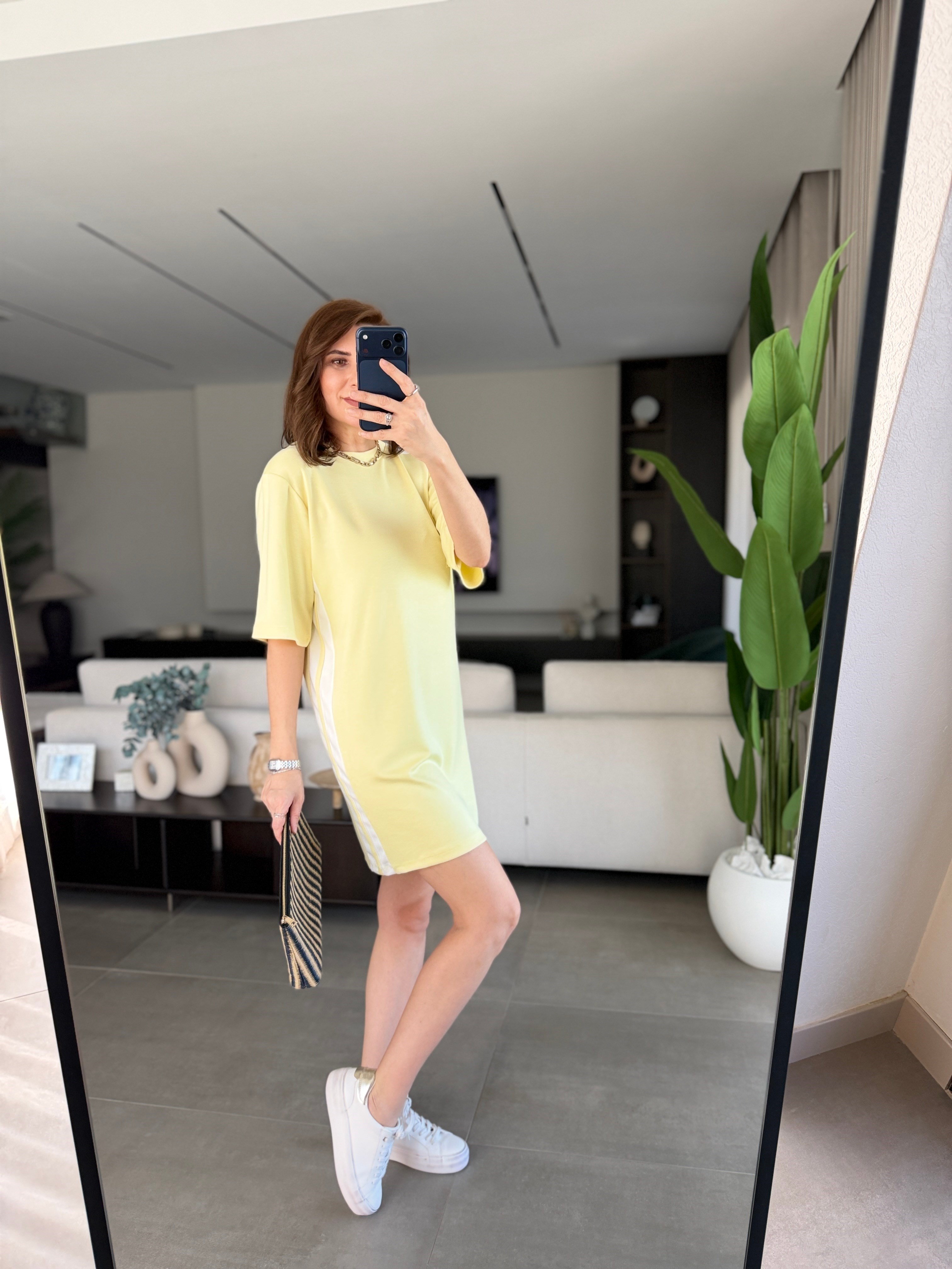 Sarı Modal Şeritli Midi Boy Elbise