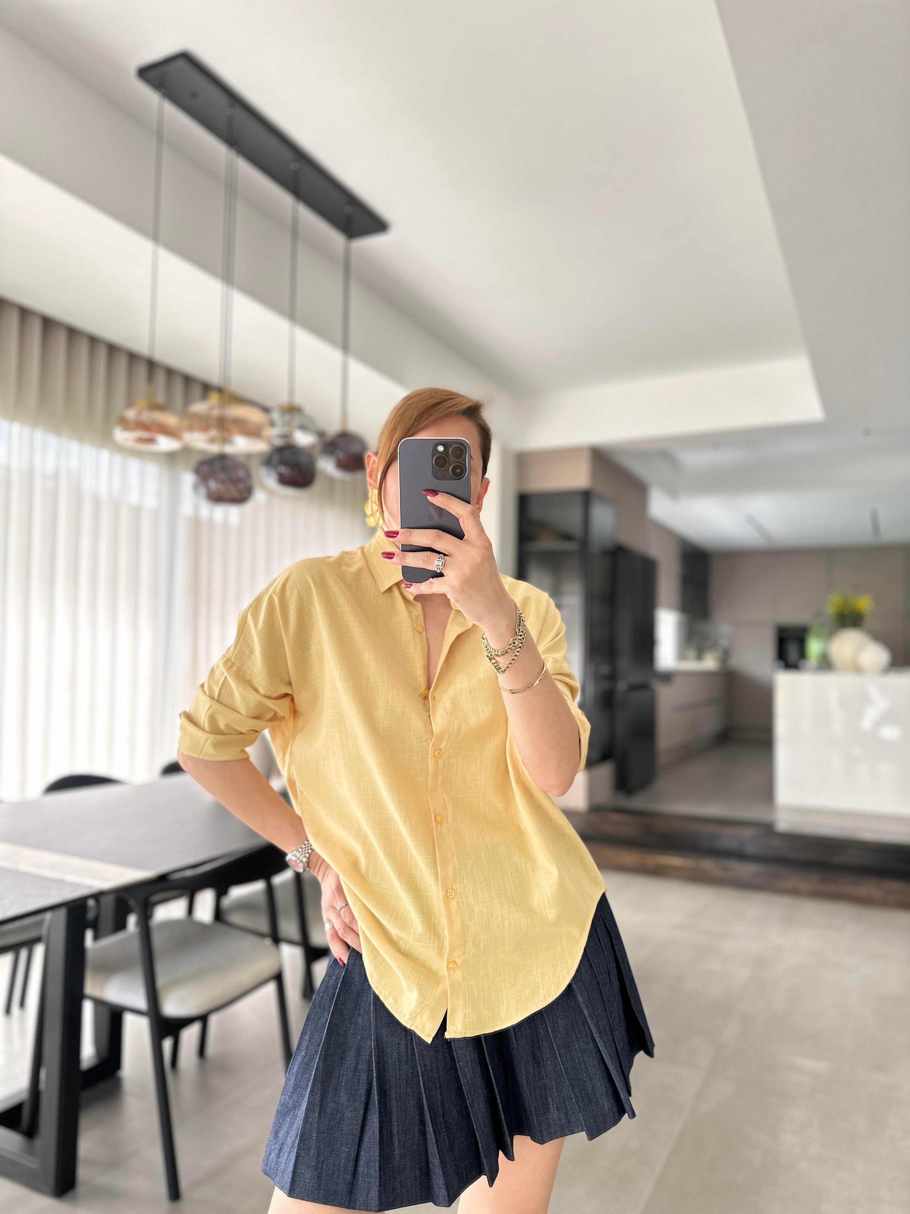 Sarı Oversize Keten Gömlek