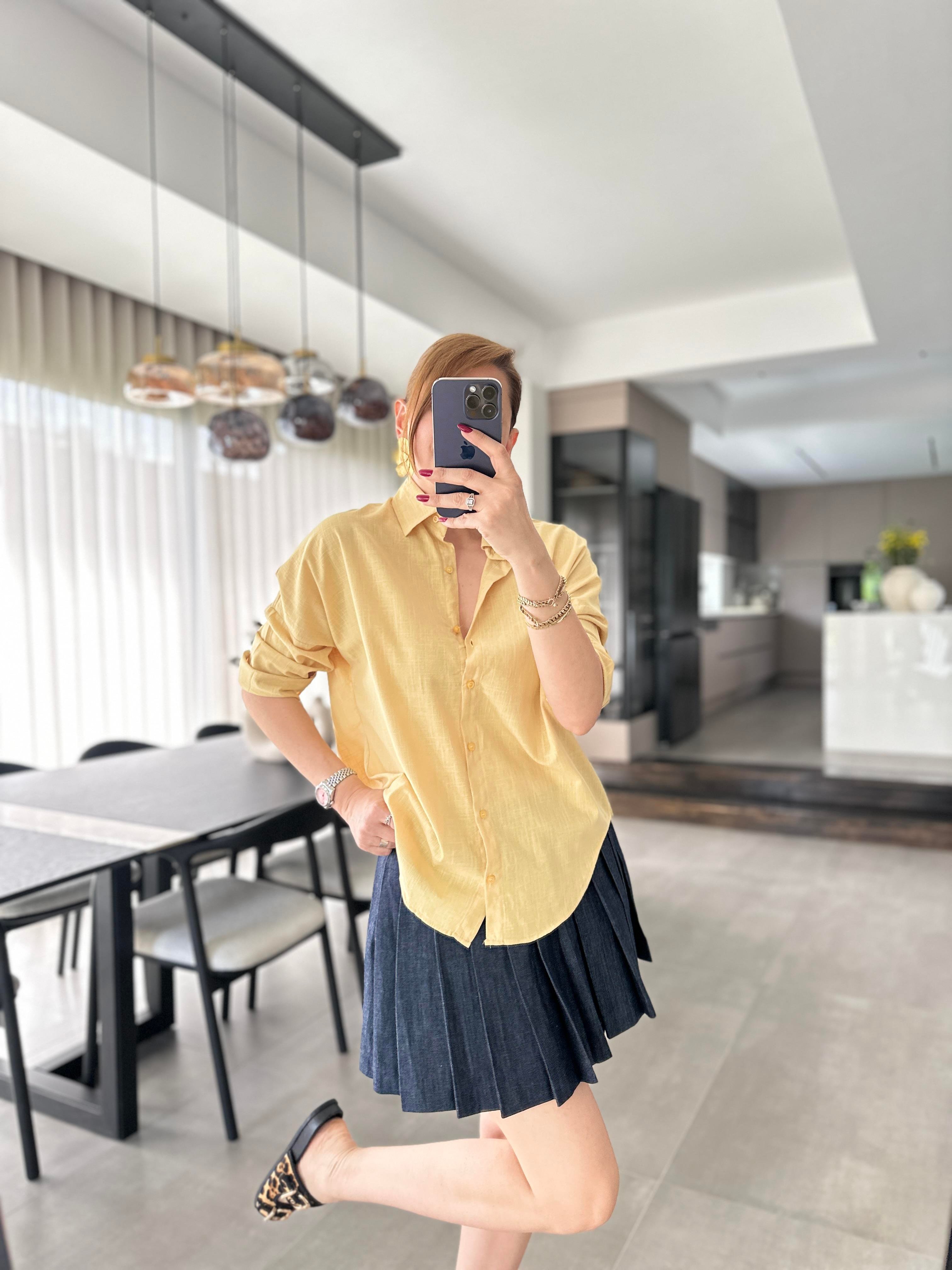 Sarı Oversize Keten Gömlek