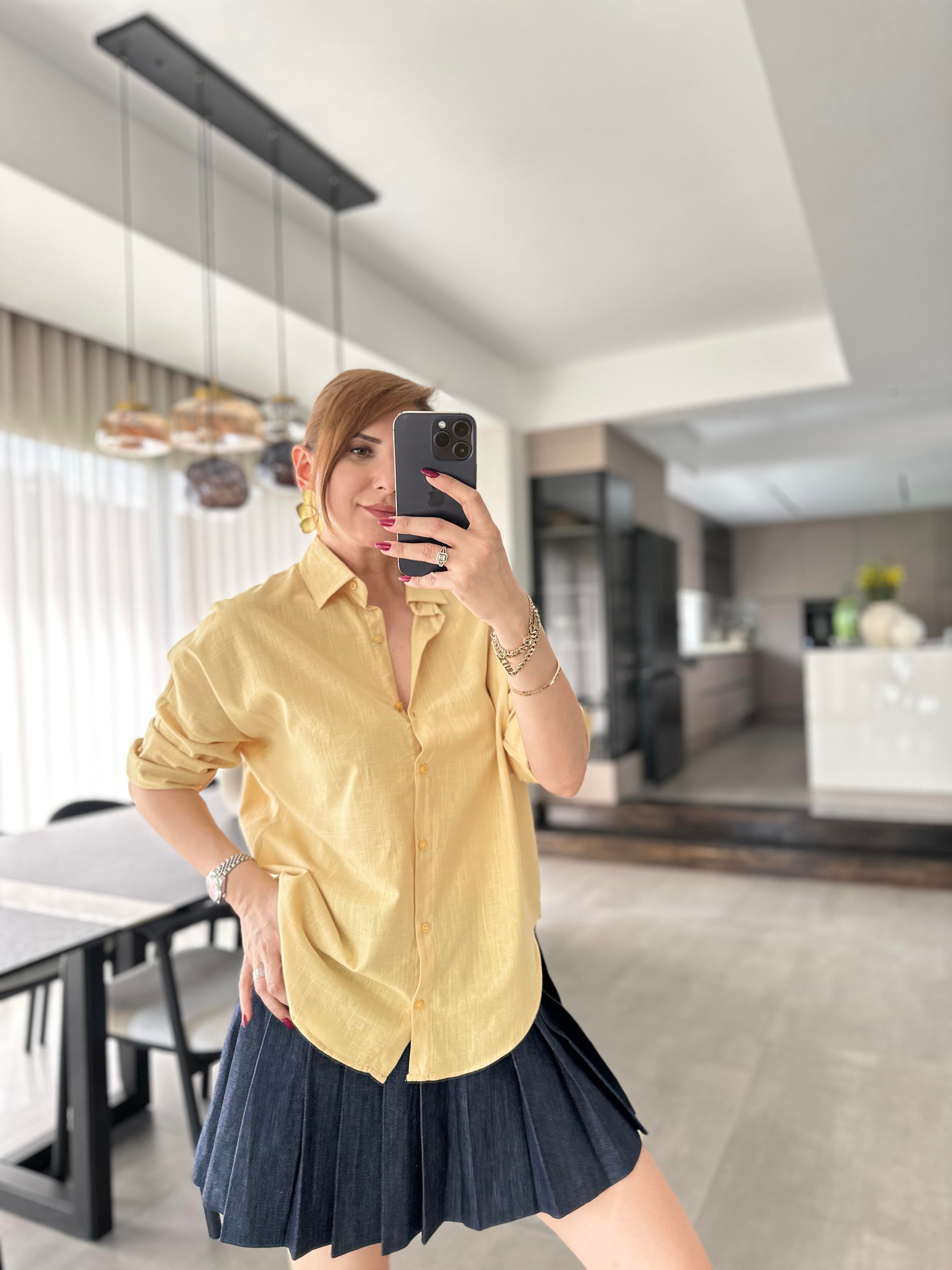 Sarı Oversize Keten Gömlek