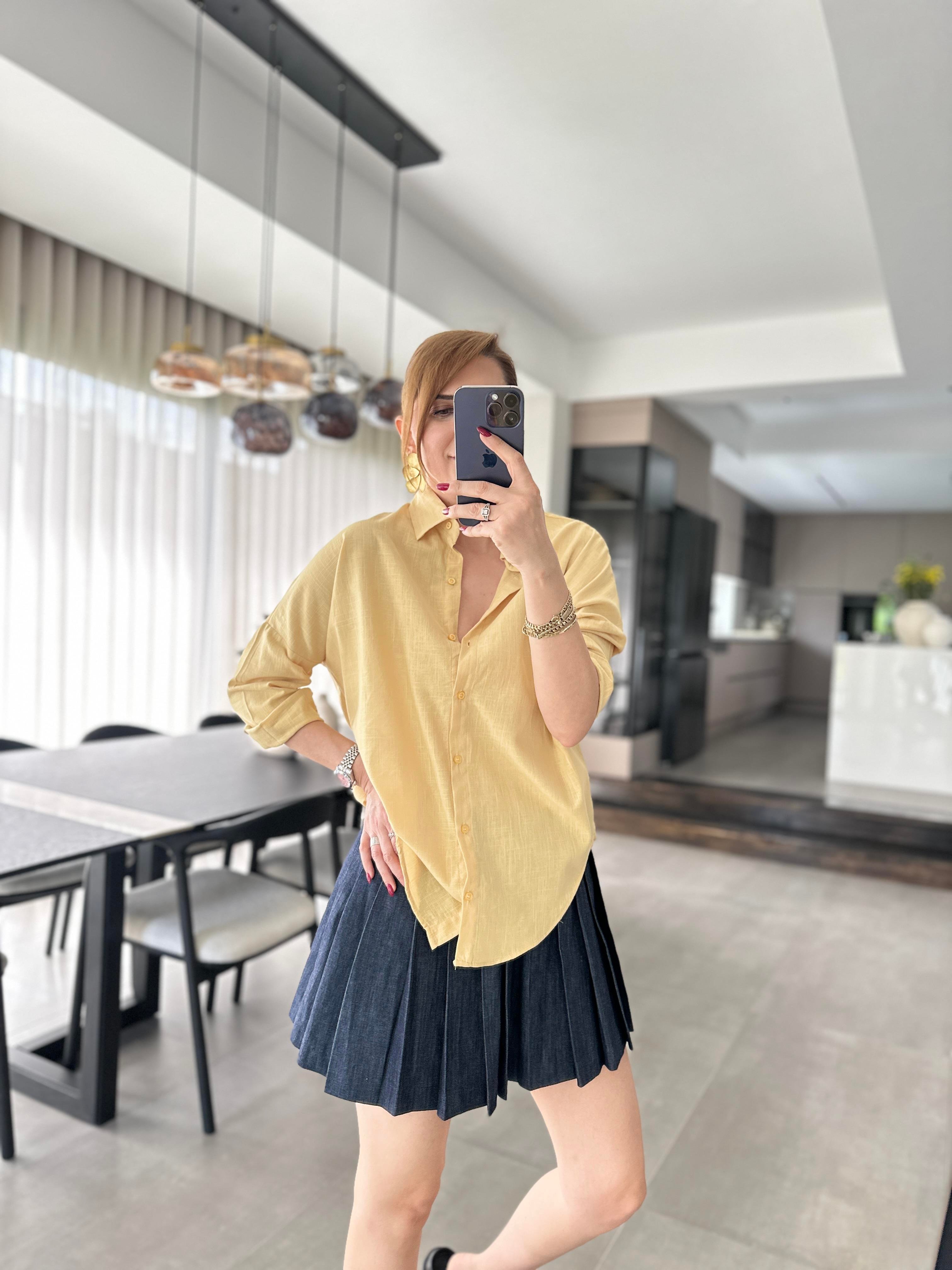 Sarı Oversize Keten Gömlek