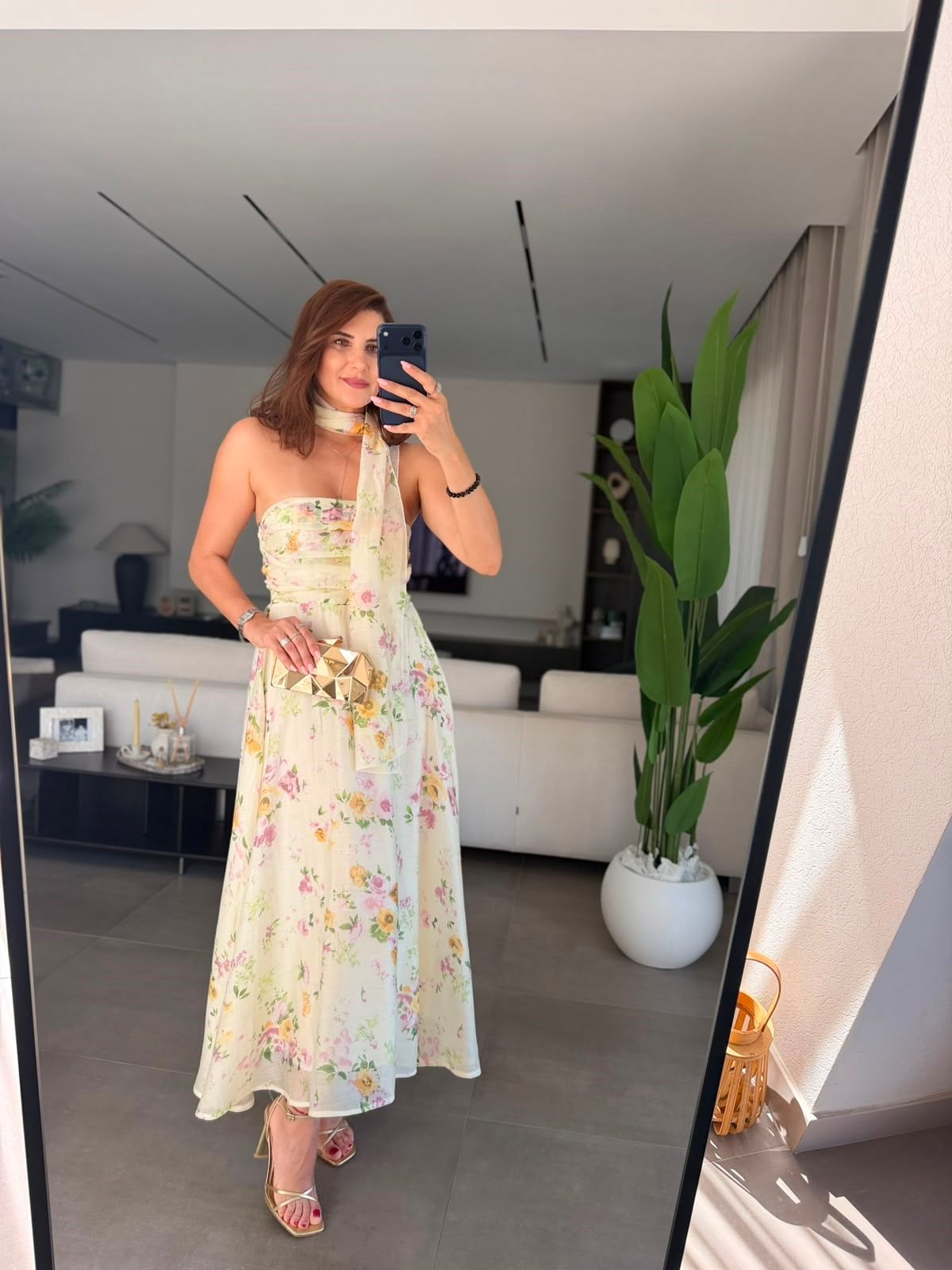 Sarı Şallı Straplez Bahar Elbise