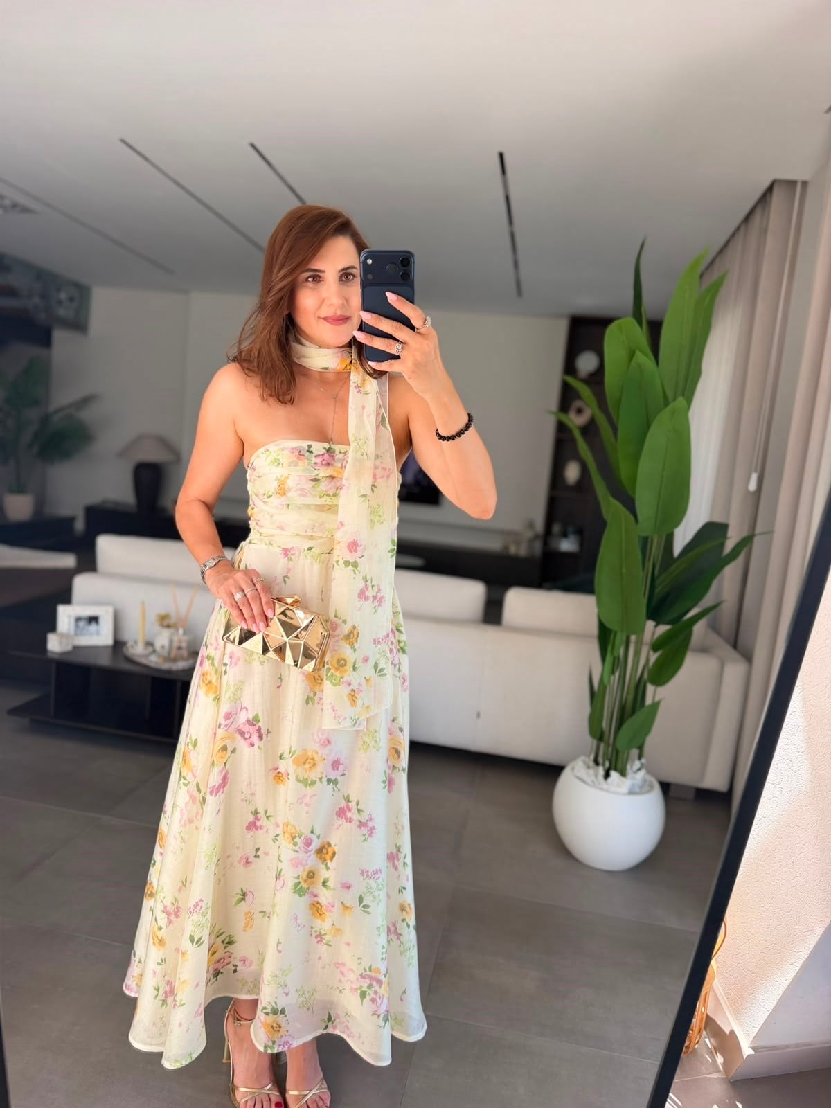 Sarı Şallı Straplez Bahar Elbise