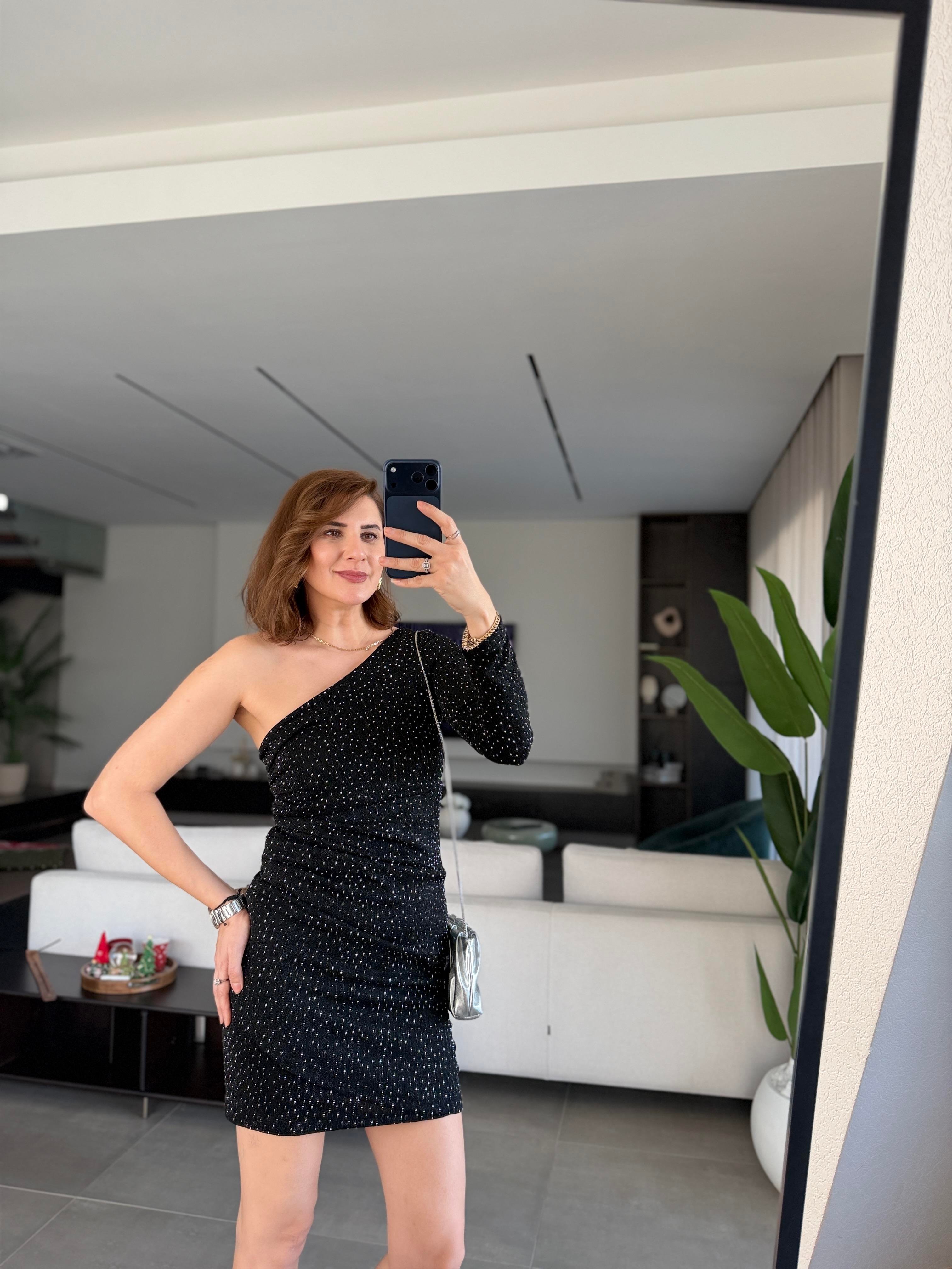 Simli Tek Omuz Yanı Drapeli Elbise