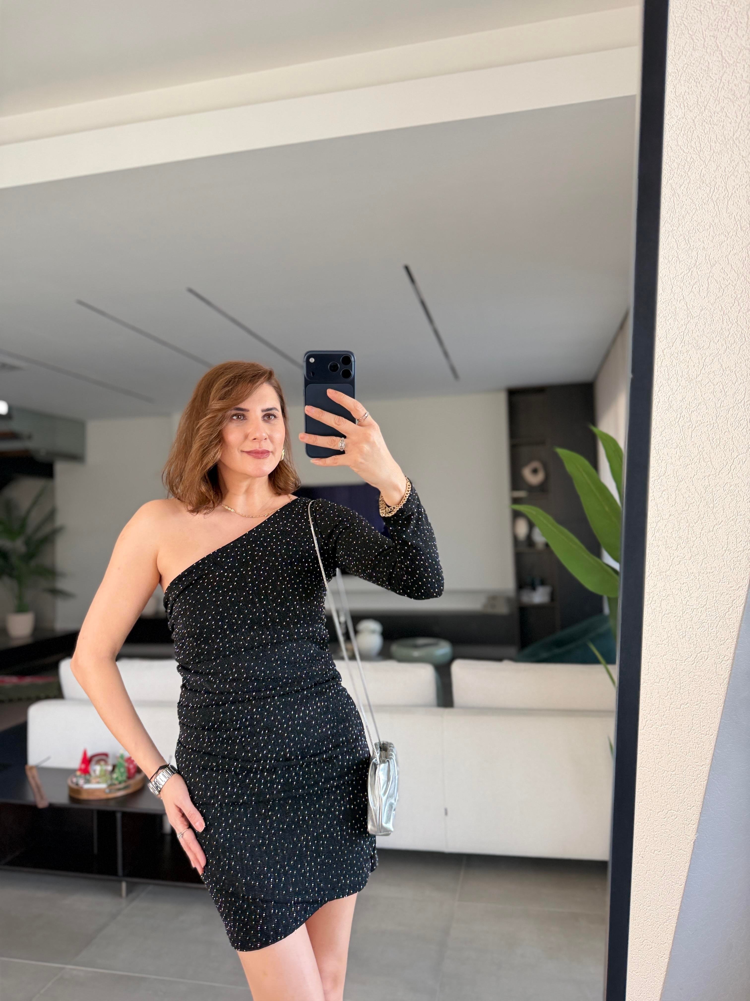 Simli Tek Omuz Yanı Drapeli Elbise