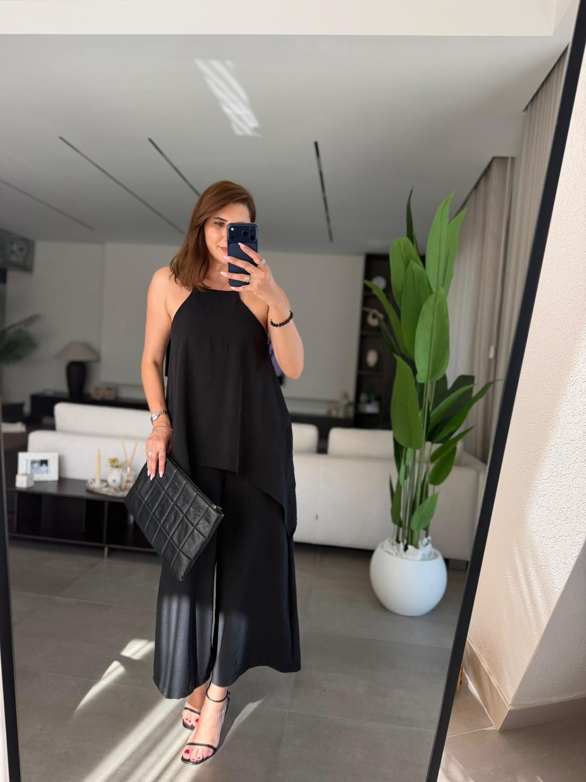 Siyah  Askılı Bluz Detaylı Tulum