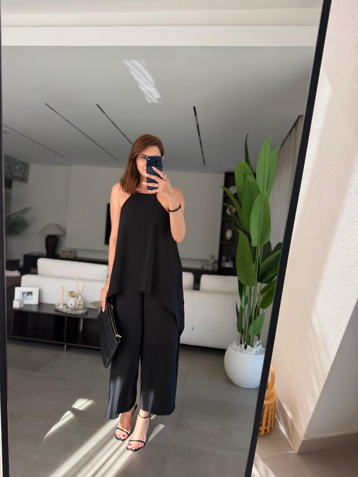 Siyah  Askılı Bluz Detaylı Tulum
