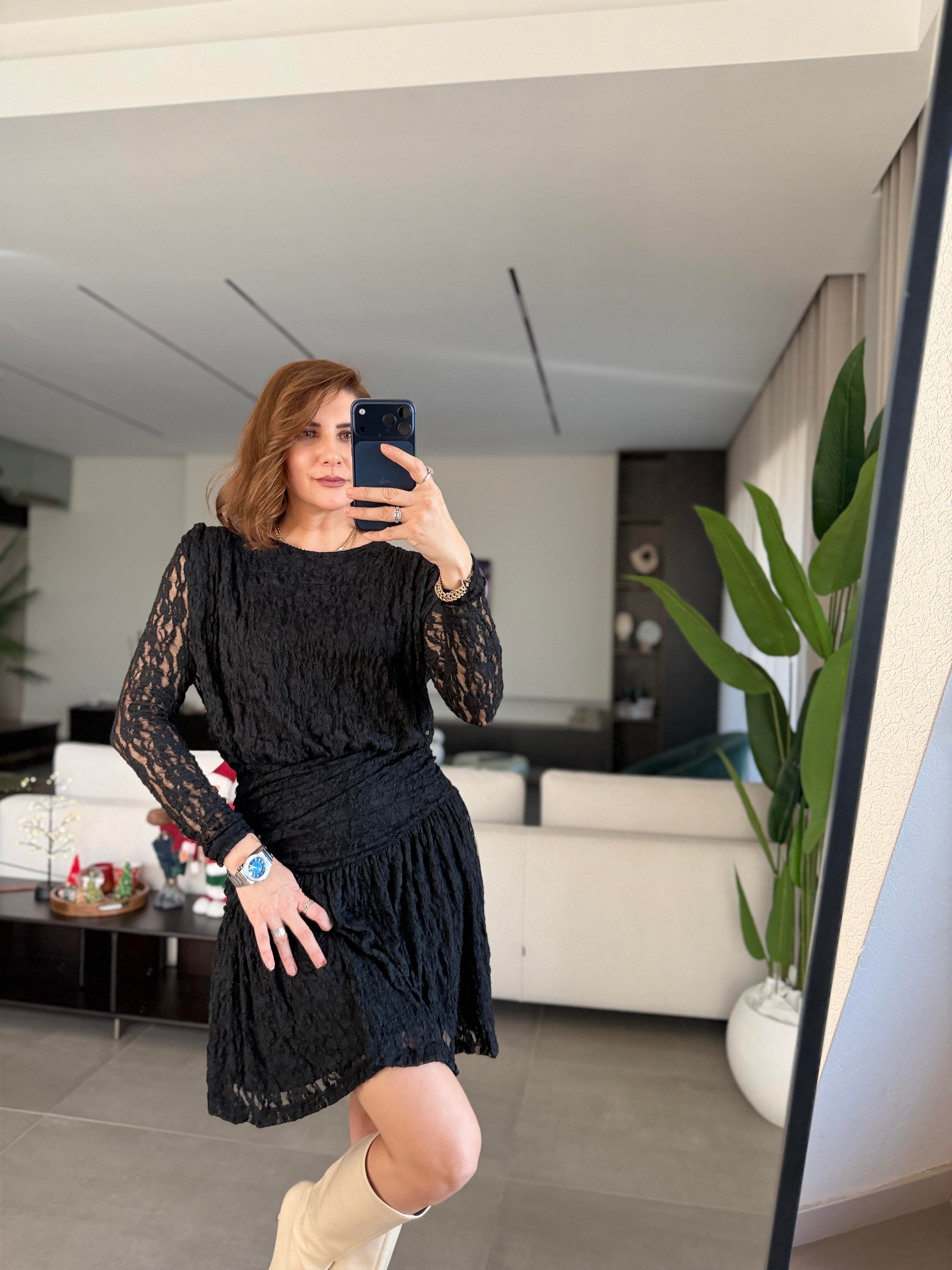 Siyah Astarlı Drapeli Dantel Elbise