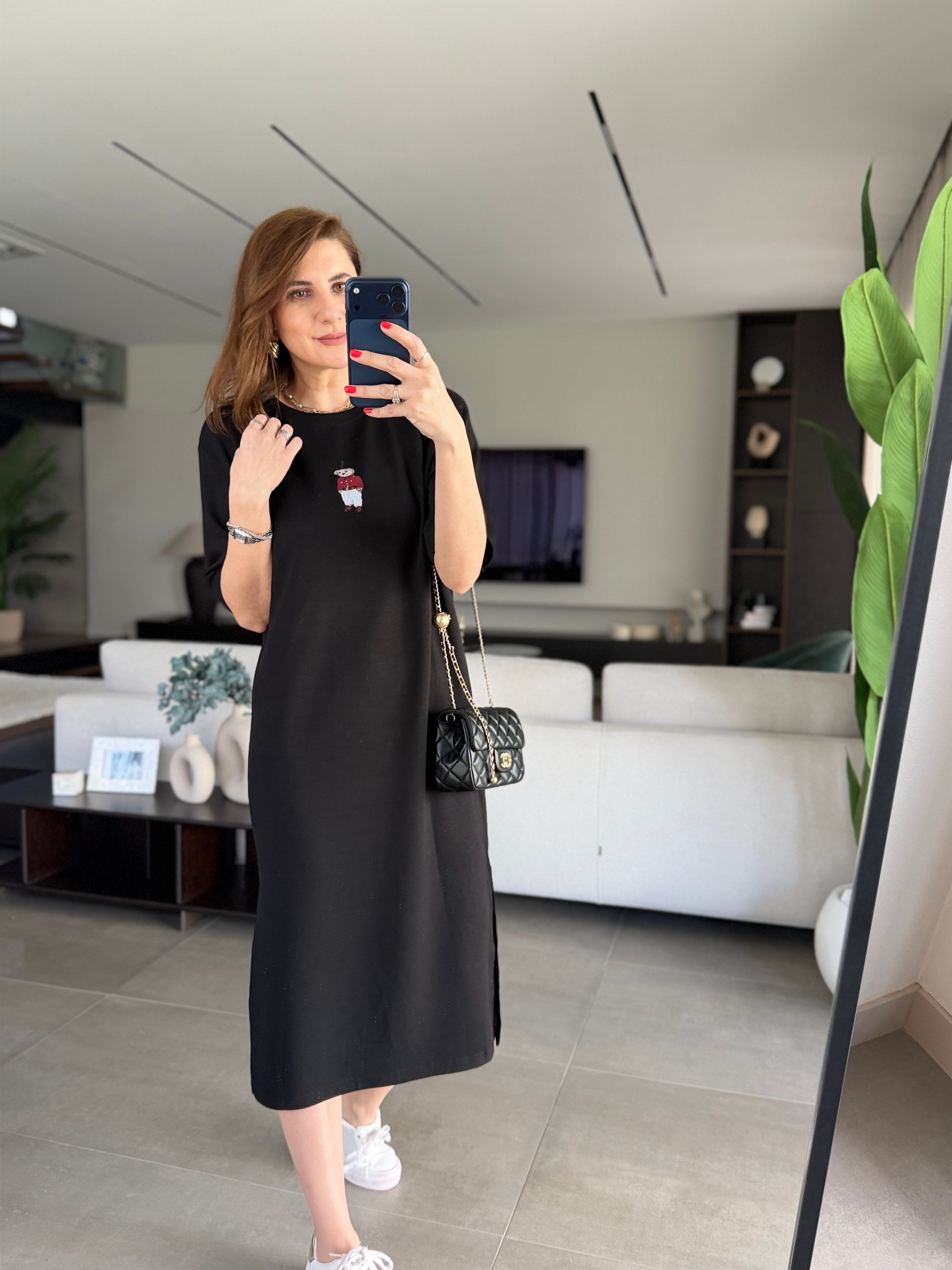 Siyah Ayıcık Nakışlı Elbise