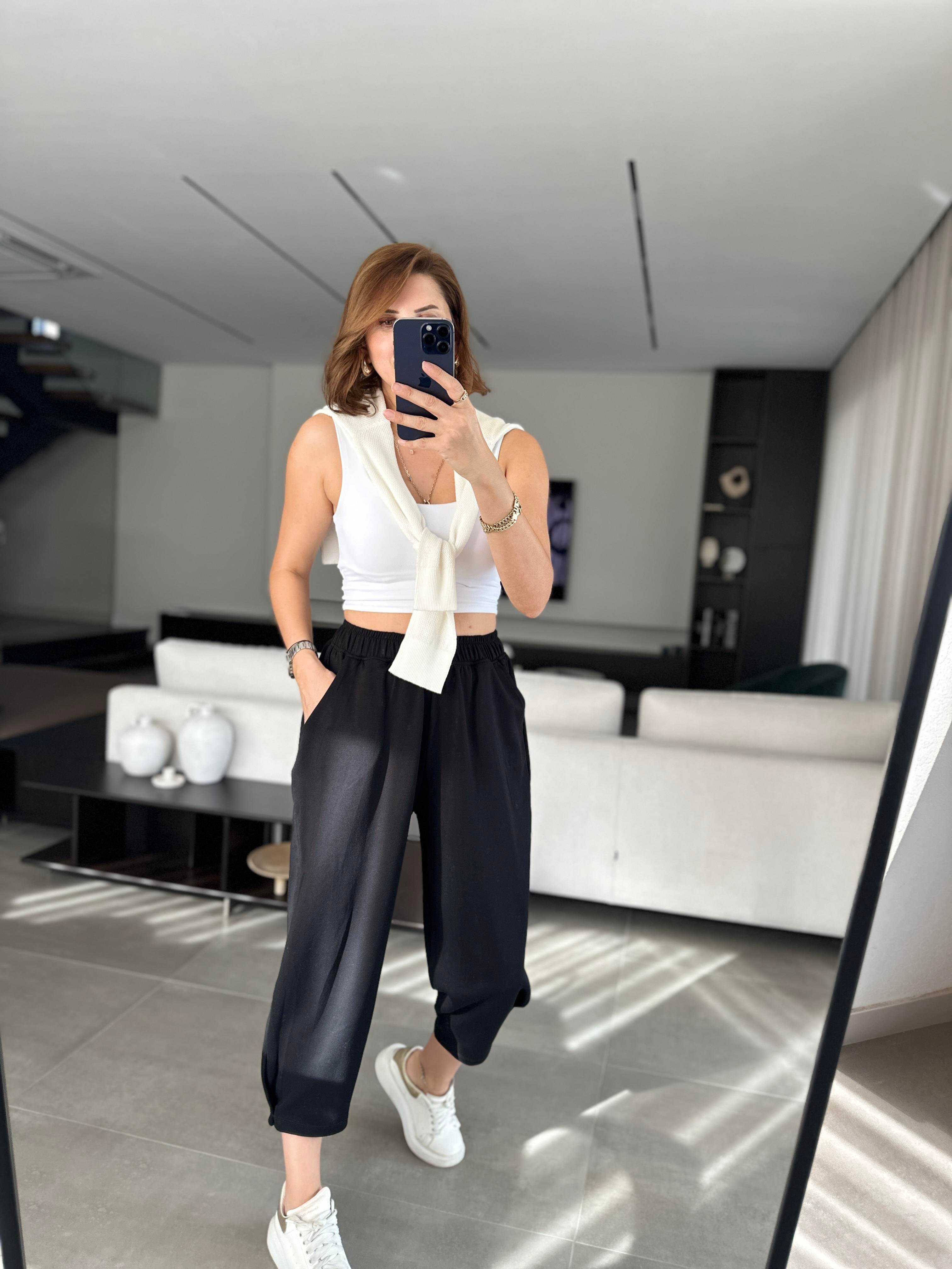Siyah Baggy Tutturmalı Pantolon