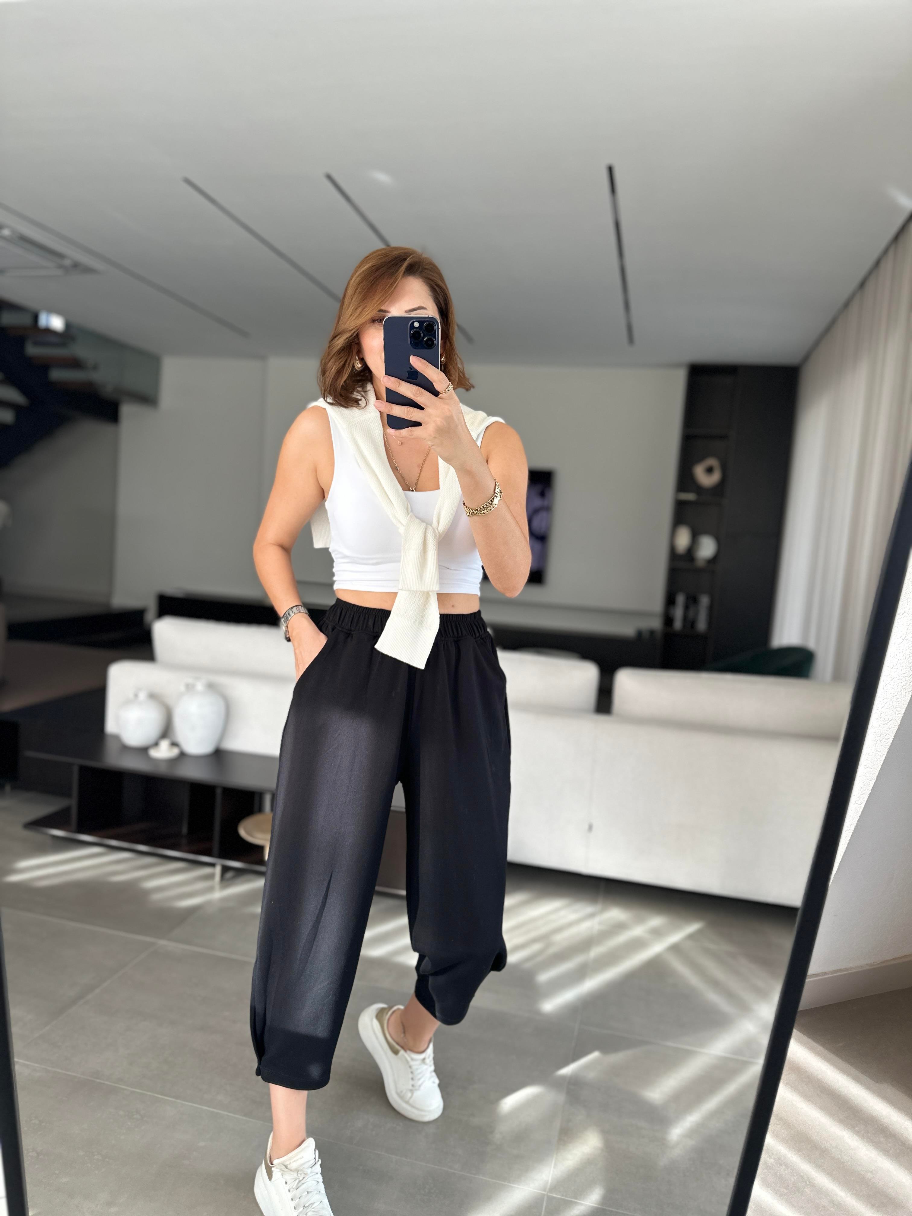 Siyah Baggy Tutturmalı Pantolon