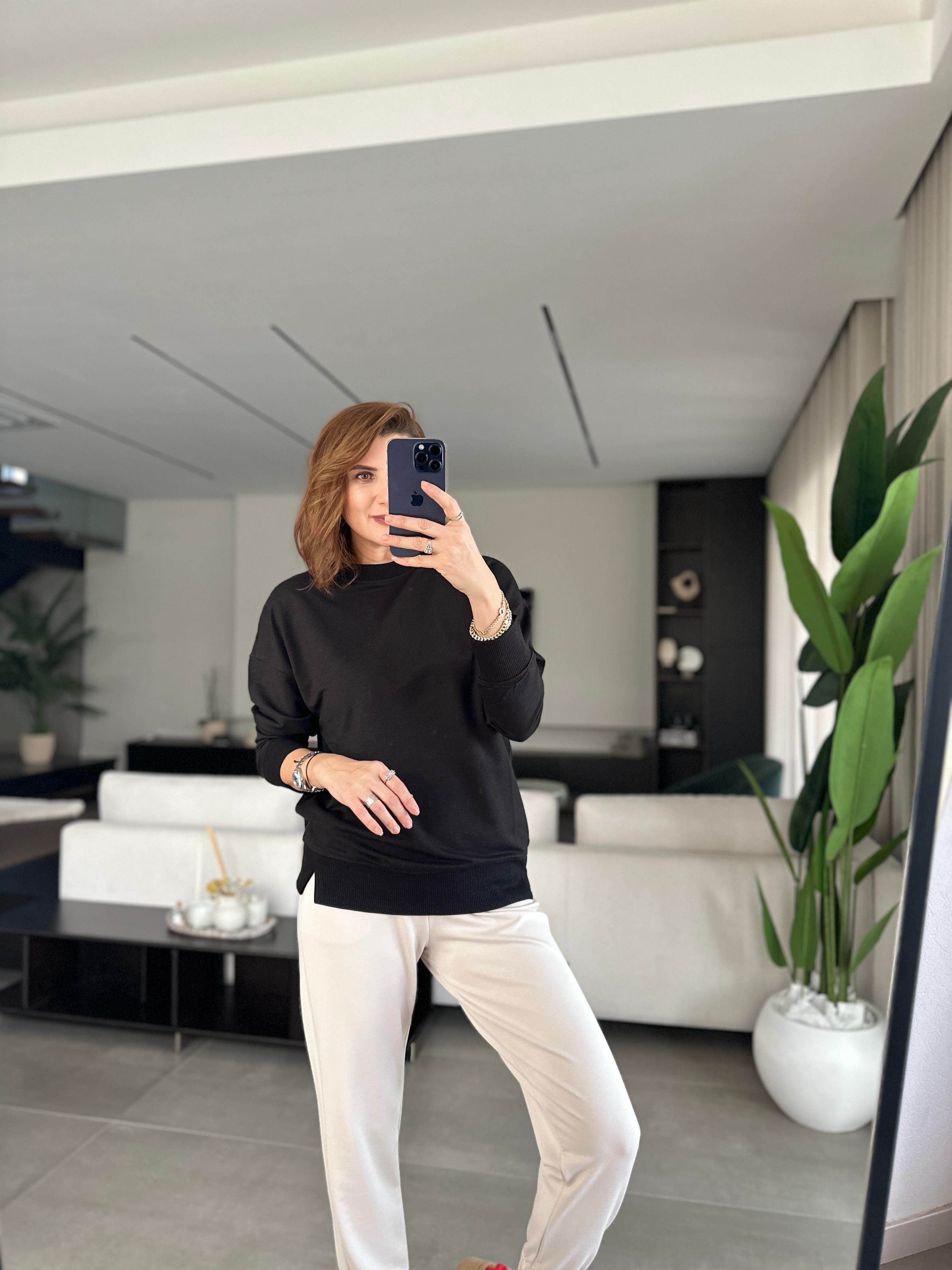 Siyah Basic Bisiklet Yaka Sweat