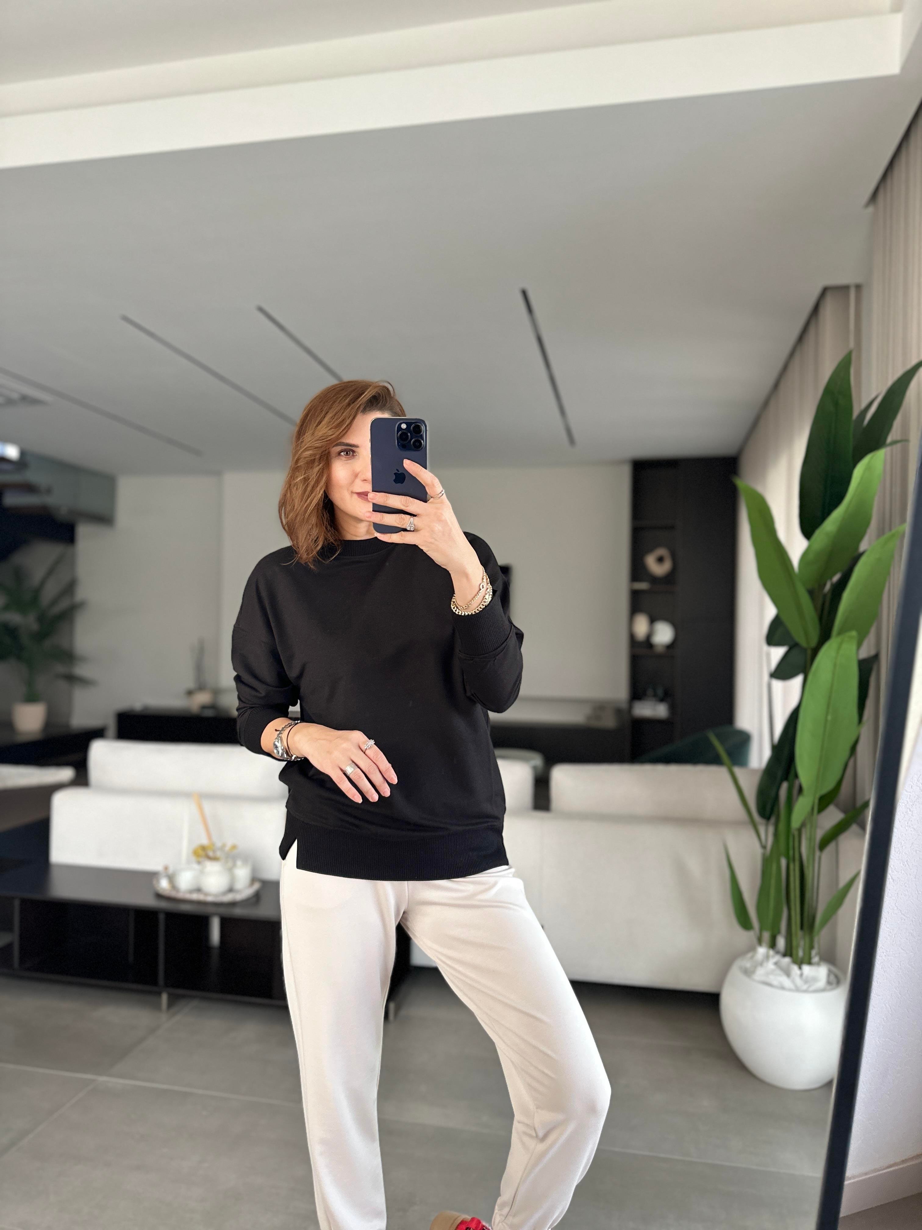 Siyah Basic Bisiklet Yaka Sweat