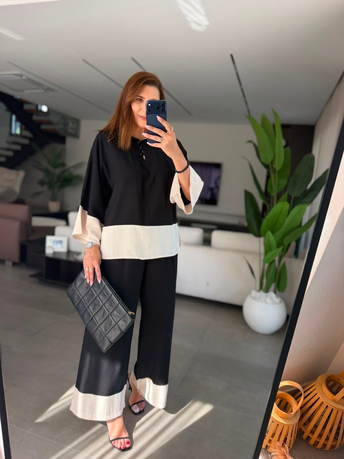 Siyah Bel Ve Kol Keten Detaylı Gömlek Takım