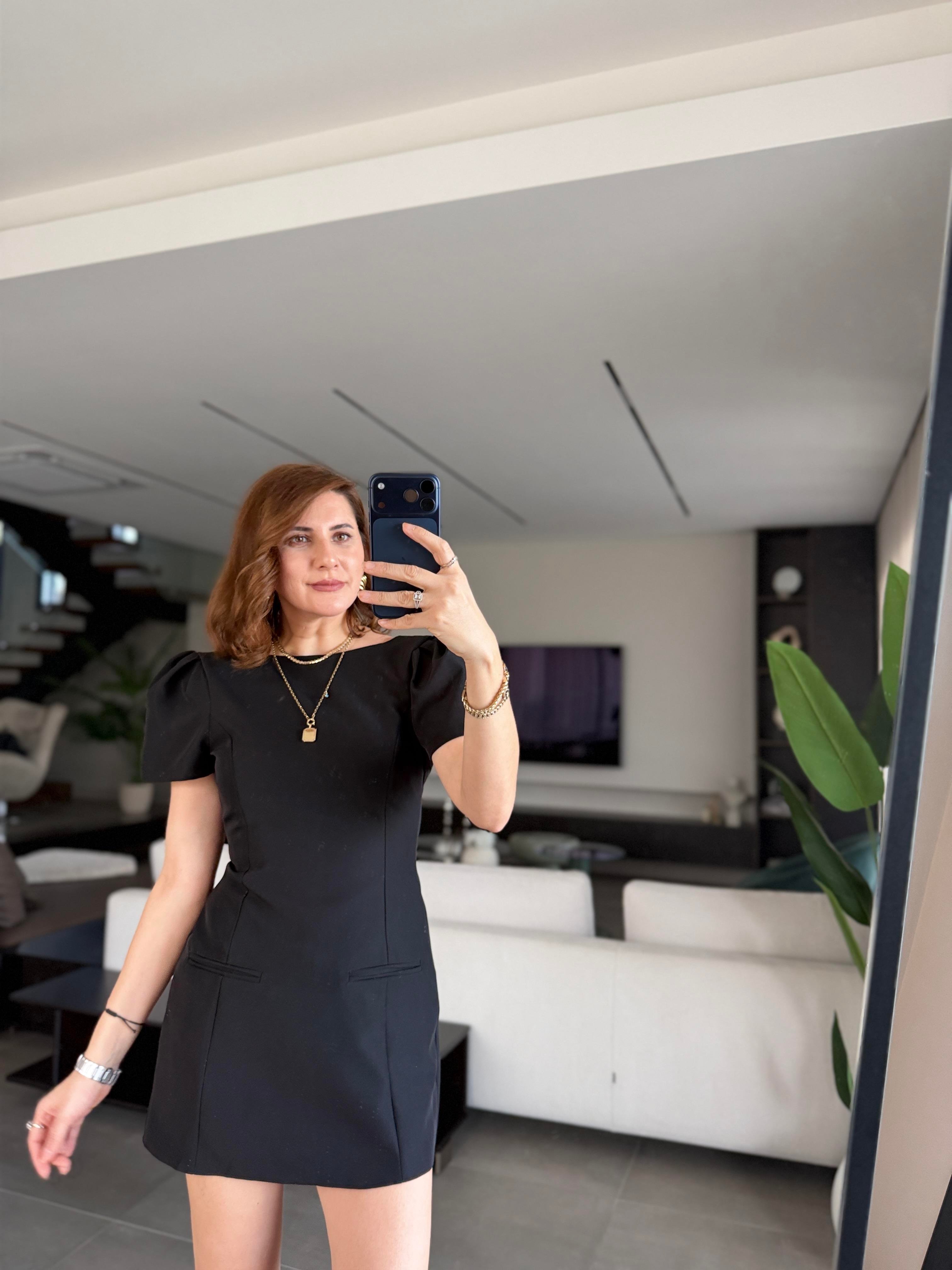 Siyah Cep Görünümlü Kısa Kollu Elbise