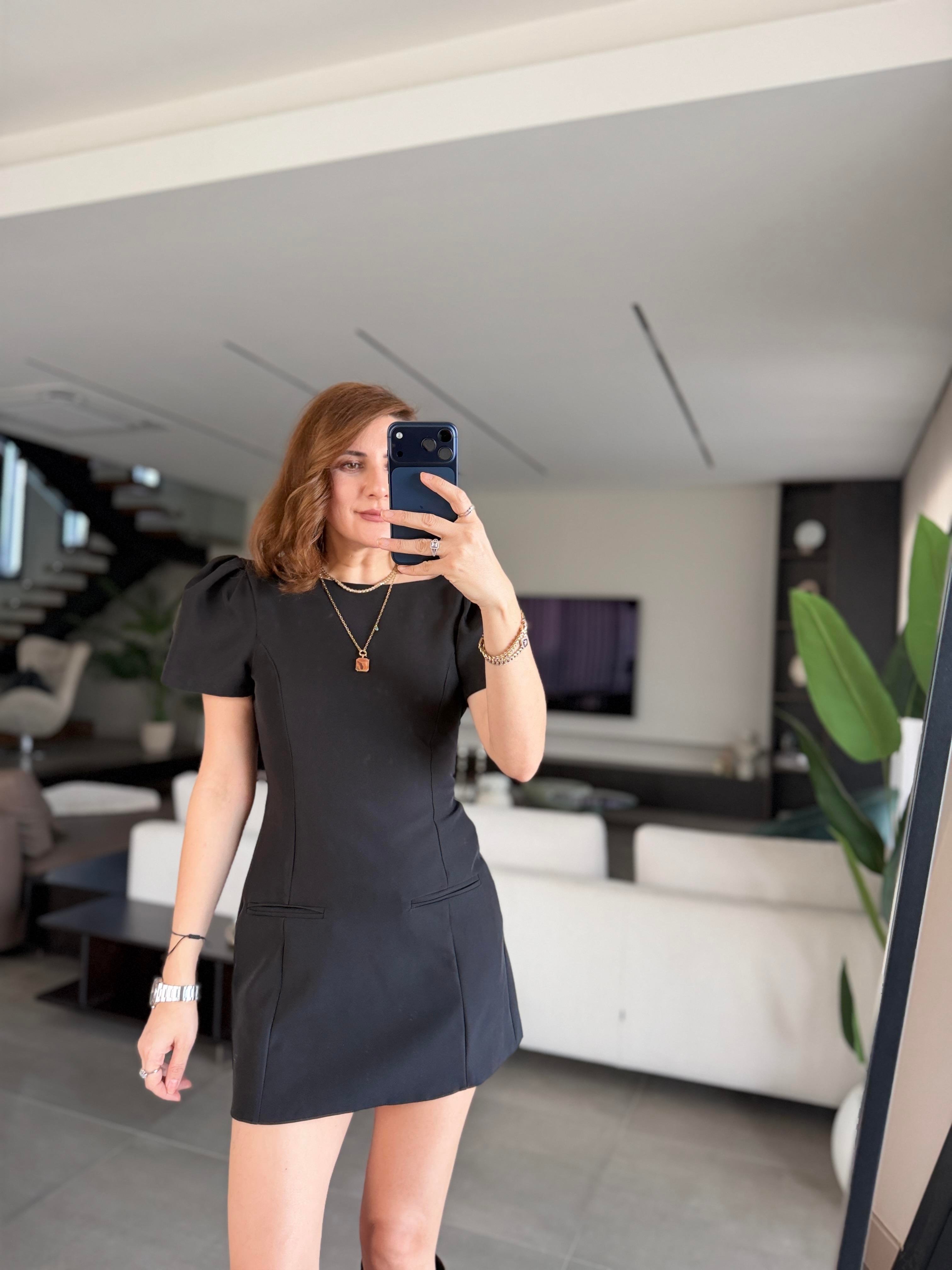 Siyah Cep Görünümlü Kısa Kollu Elbise